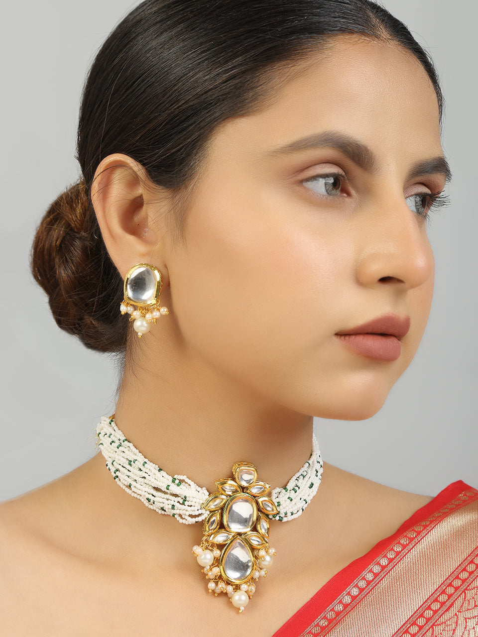 Women's Pearl Beaded Kundan Choker Necklace With Earrings - Femizen
