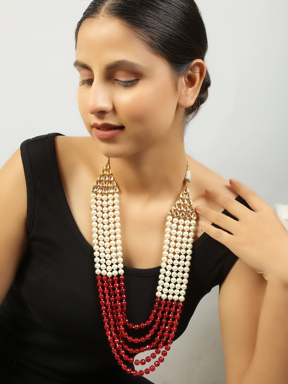 Women's Ruby And White Pearl Layered Necklace - Femizen
