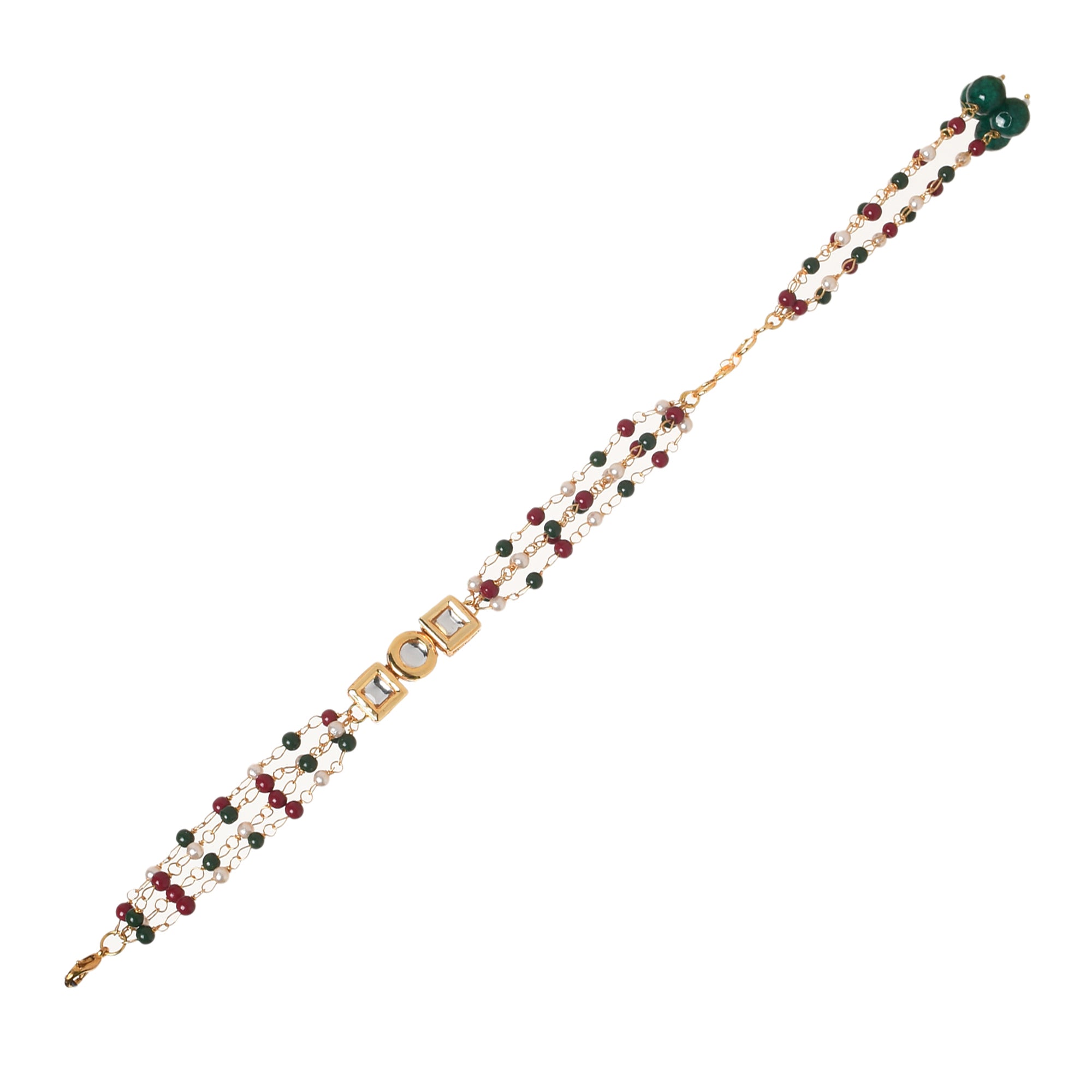 Women's Red Green Beaded Gold Tone Kundan Bracelet - Femizen