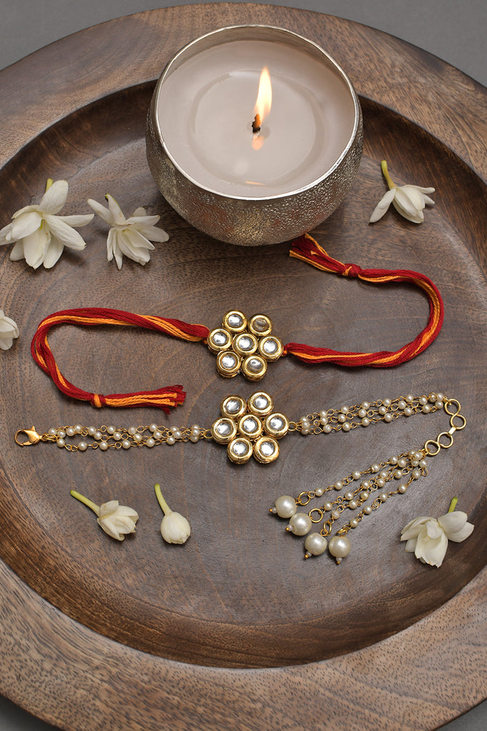 Handmade Kundan Rakhi & Lumba Set- Set Of 2