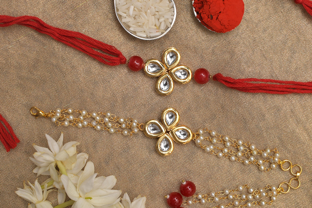 Handmade Kundan Rakhi & Lumba Set- Set Of 2