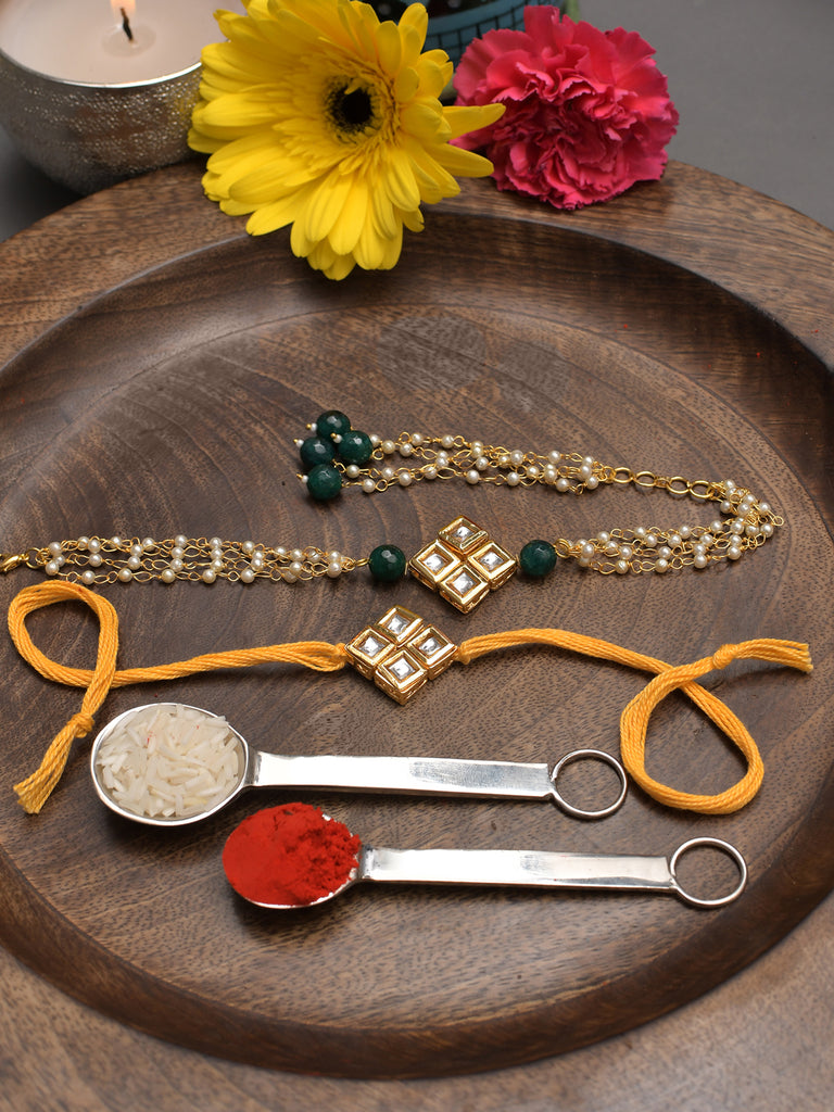 Handmade Kundan Rakhi & Lumba Set- Set Of 2