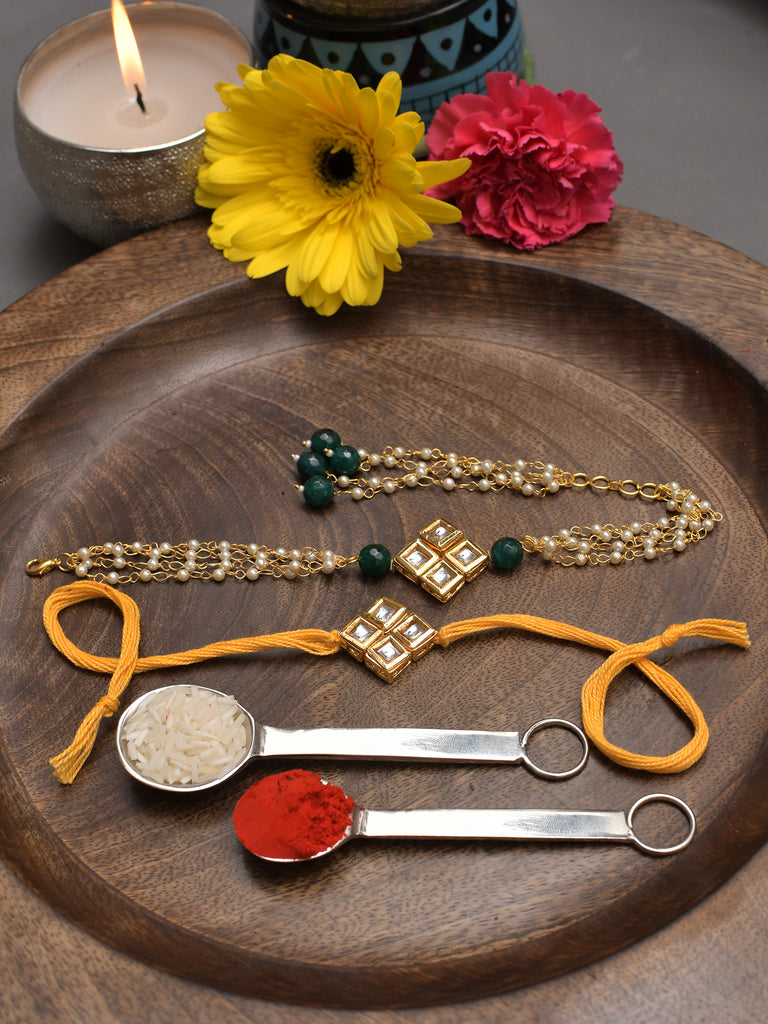 Handmade Kundan Rakhi & Lumba Set- Set Of 2