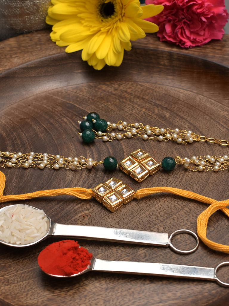 Handmade Kundan Rakhi & Lumba Set- Set Of 2