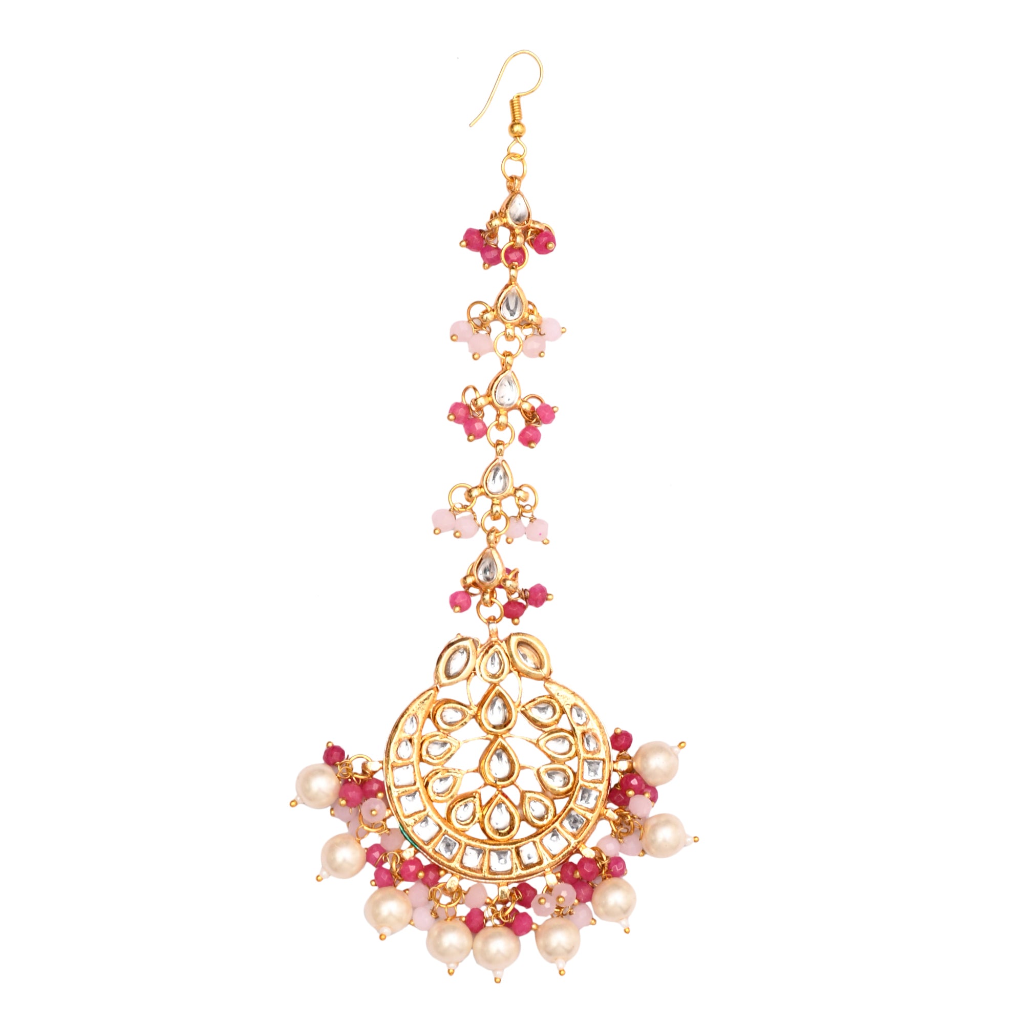 Women's Pearl & Pink Beaded Gold Tone  Kundan Handcrafted Mang Tikka  - Femizen