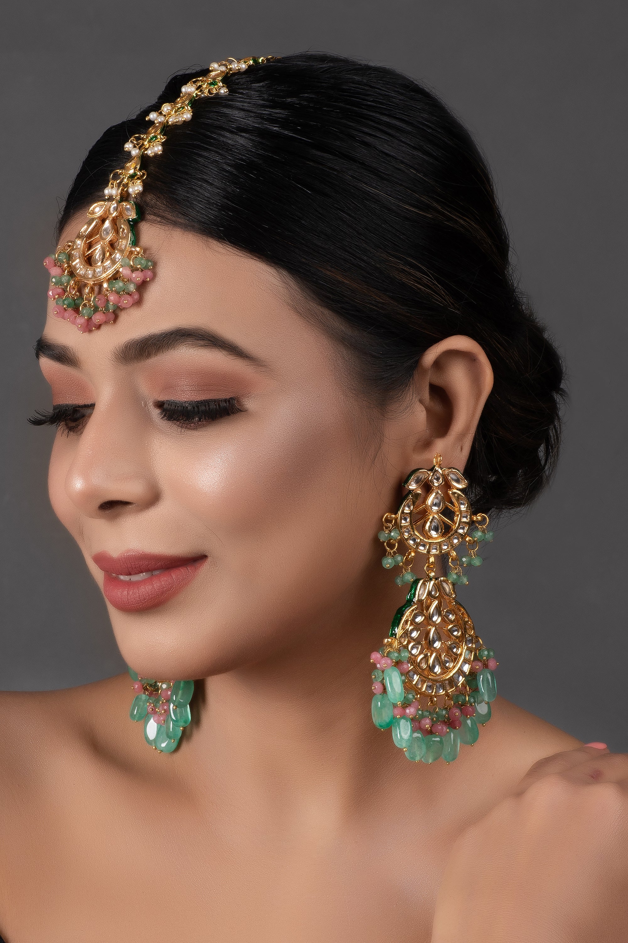 Women's Pink Green Gold Tone Kundan Inspired Maang Tikka With Earrings - Femizen