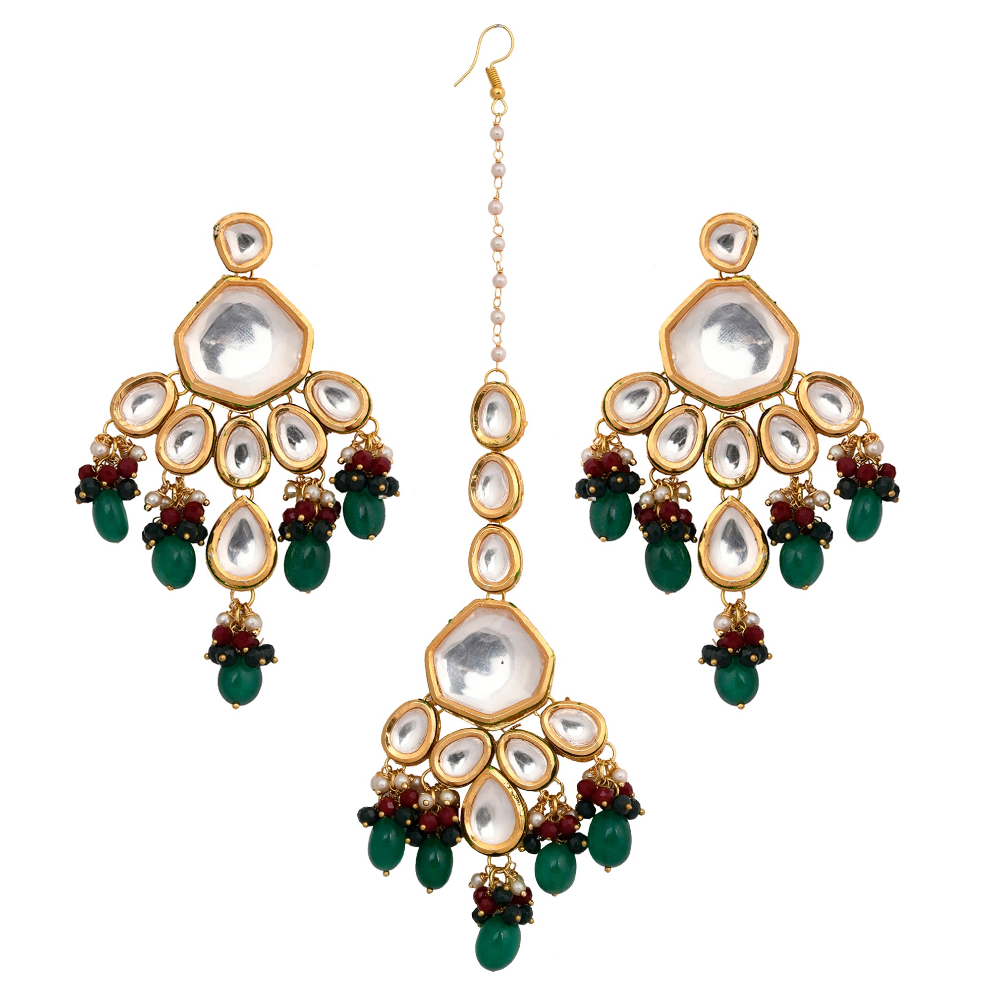 Women's Emerald Beaded Kundan Inspired Mang Tikka With Earrings - Femizen