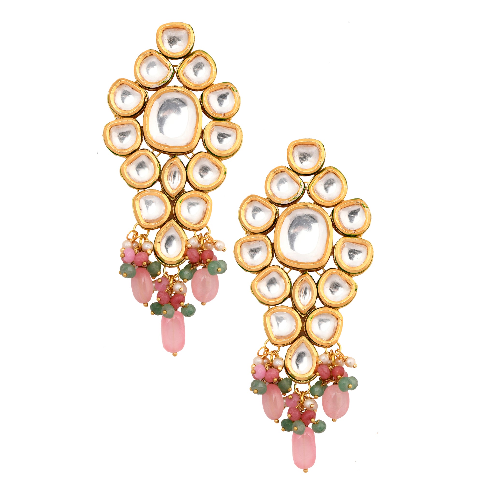 Women's Classic Pink Beaded Gold Tone Kundan Inspired Maang Tikka With Earrings - Femizen