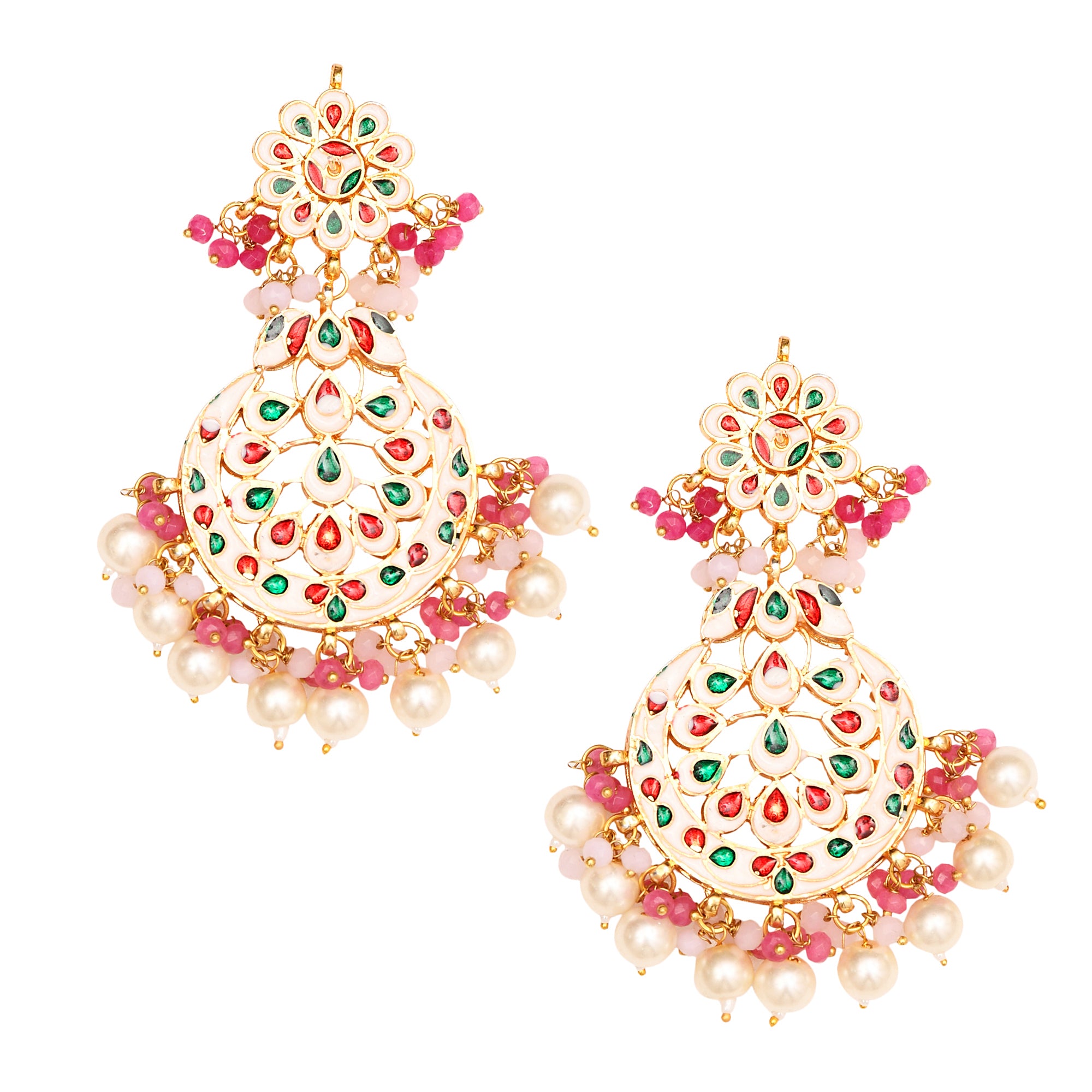 Women's Pearl & Pink Beaded Kundan Handcrafted Mang Tikka With Earrings - Femizen