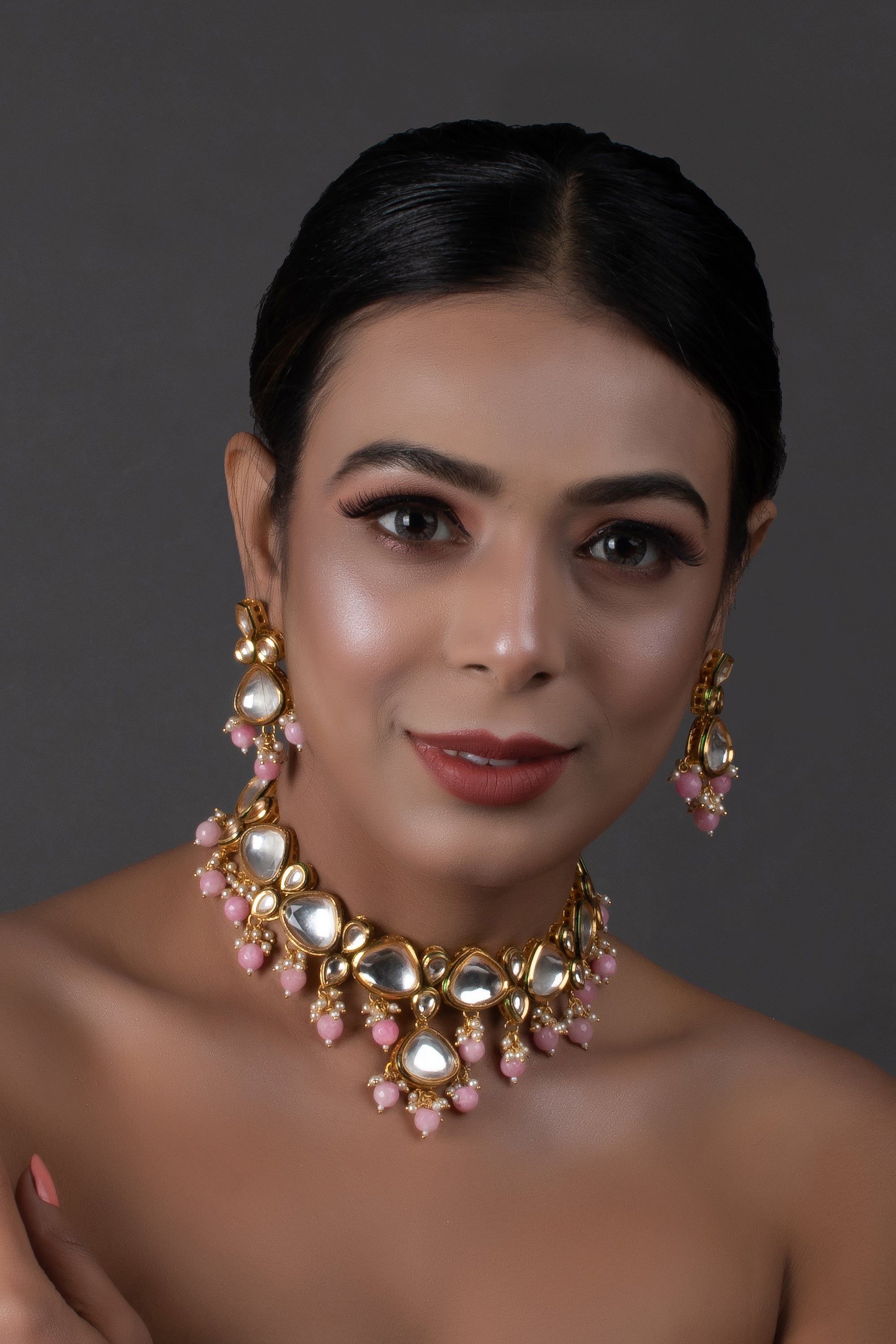 Women's  Pearl & Pink beaded  Gold Tone Kundan Inspired Necklace with Earrings  - Femizen