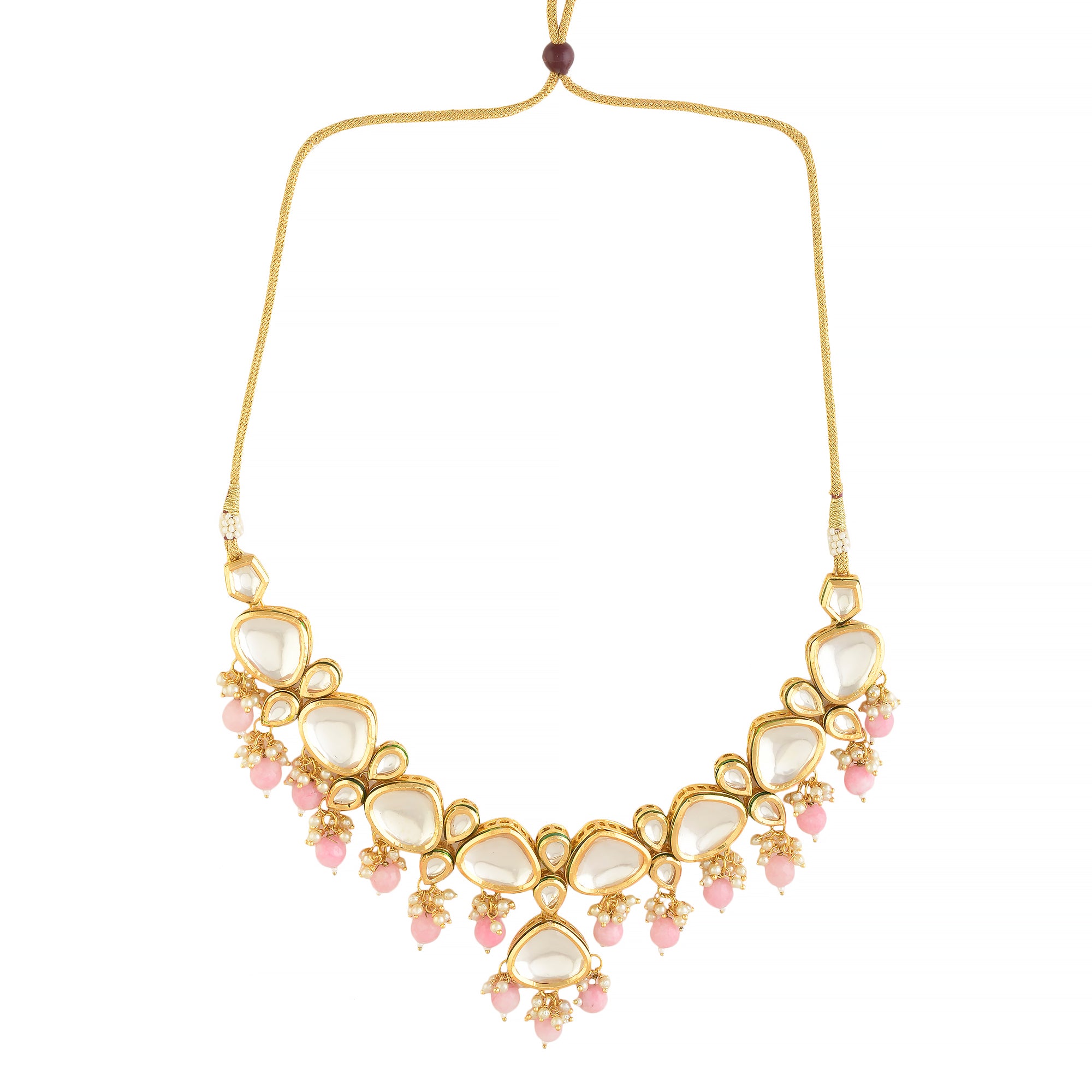 Women's  Pearl & Pink beaded  Gold Tone Kundan Inspired Necklace with Earrings  - Femizen