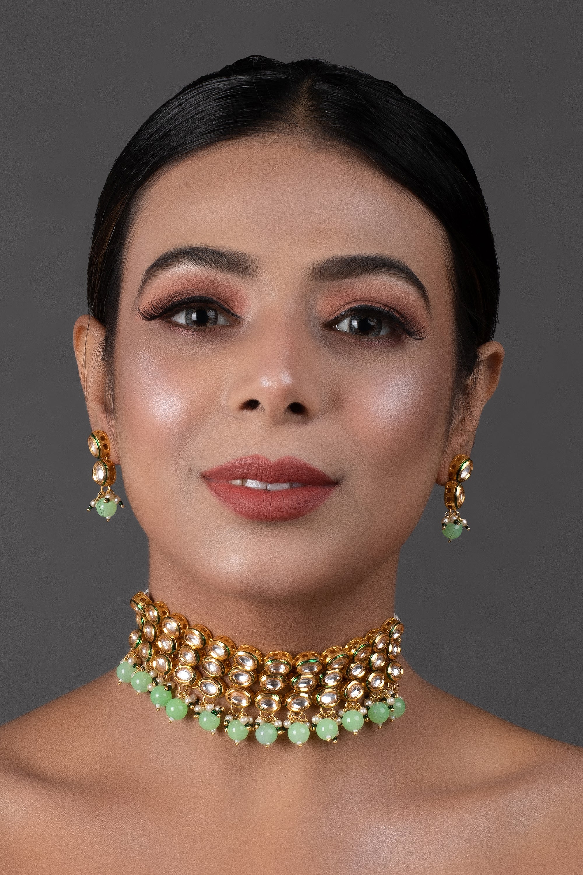 Women's  Pastel green Gold Tone Kundan Beaded Choker Necklace with earrings
 - Femizen