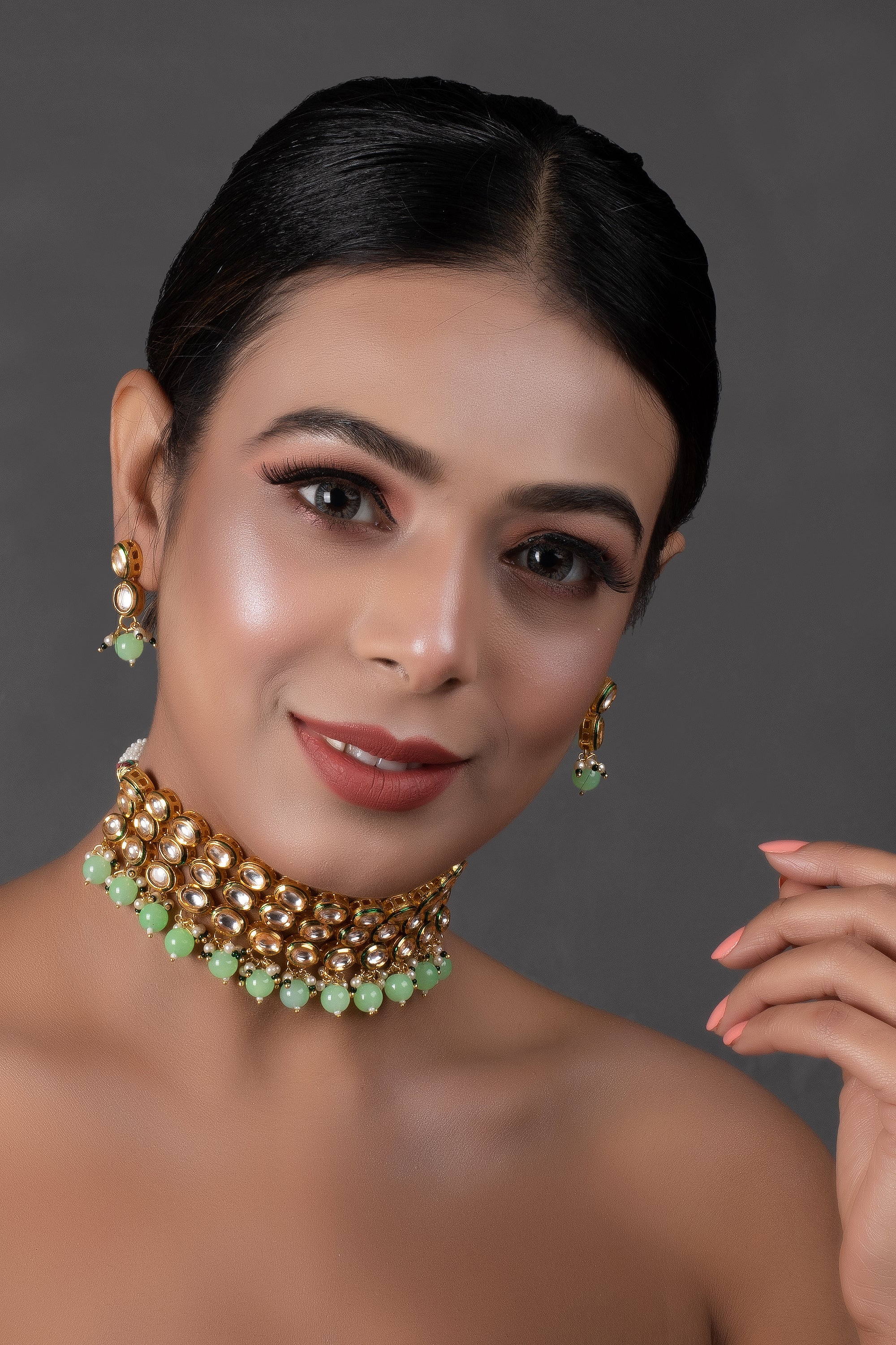 Women's  Pastel green Gold Tone Kundan Beaded Choker Necklace with earrings
 - Femizen