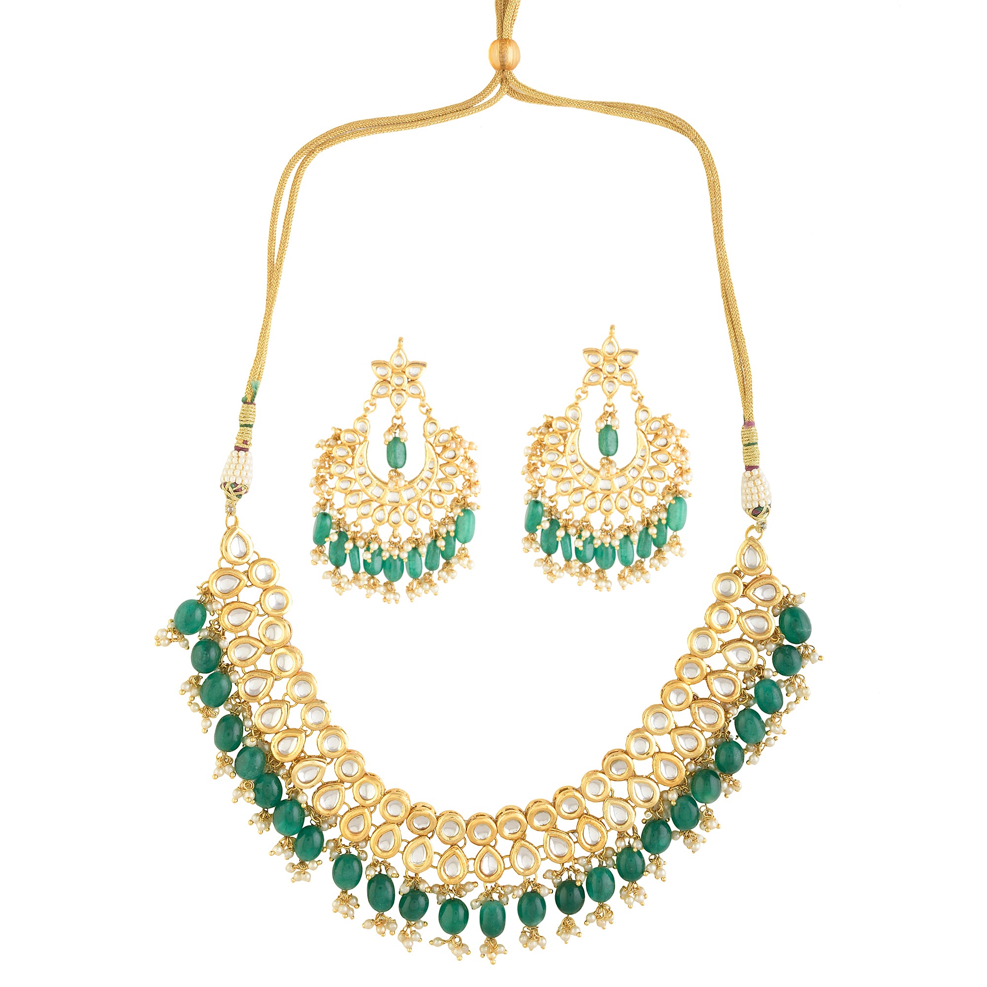 Women's  Emerald beaded Gold toned kundan embellished necklace with chandbali - Femizen