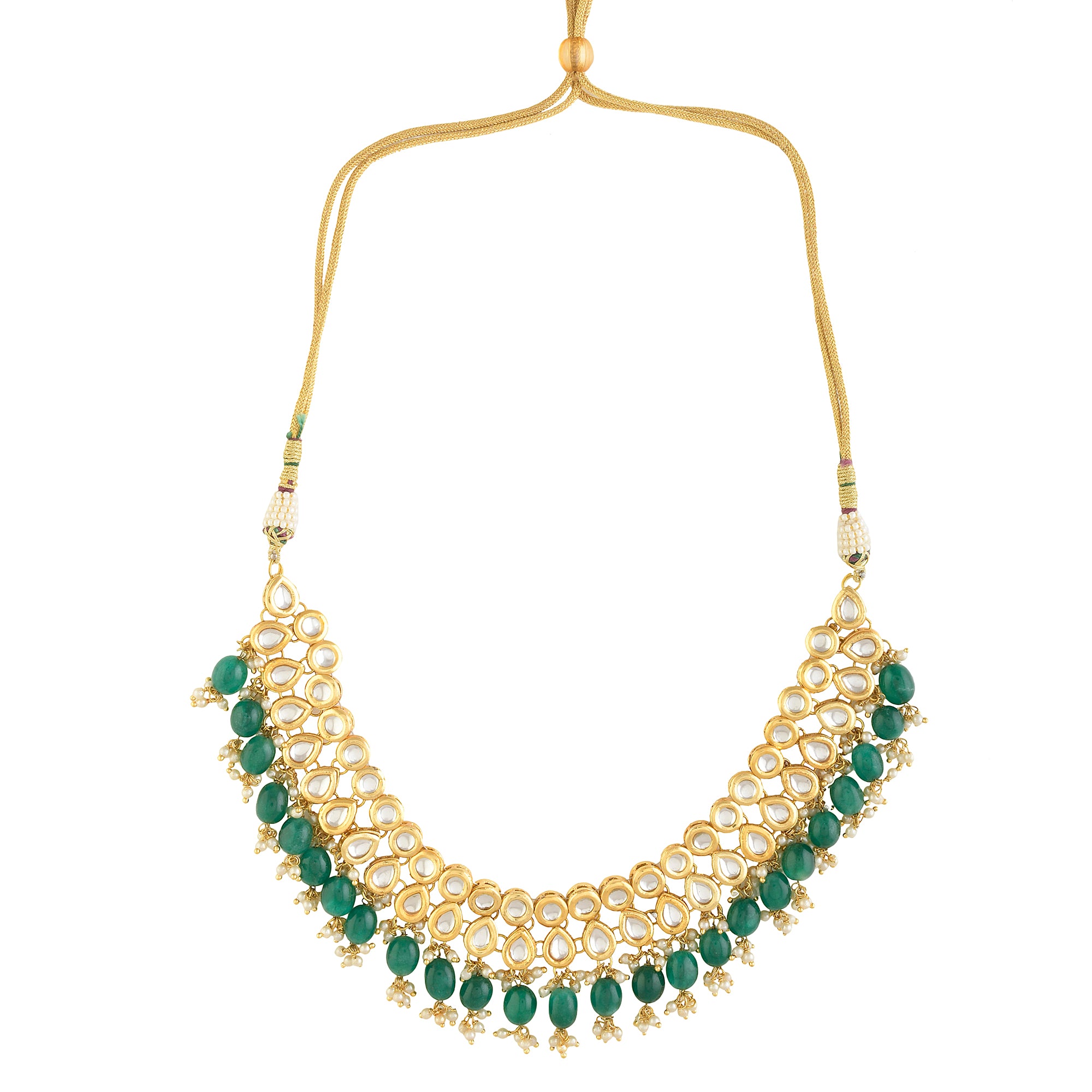 Women's  Emerald beaded Gold toned kundan embellished necklace with chandbali - Femizen