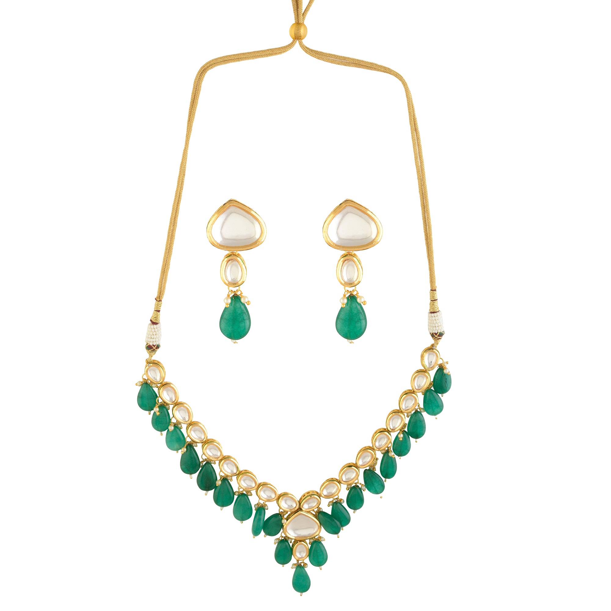 Women's Emerald beaded Gold toned kundan inspired necklace with earrings - Femizen