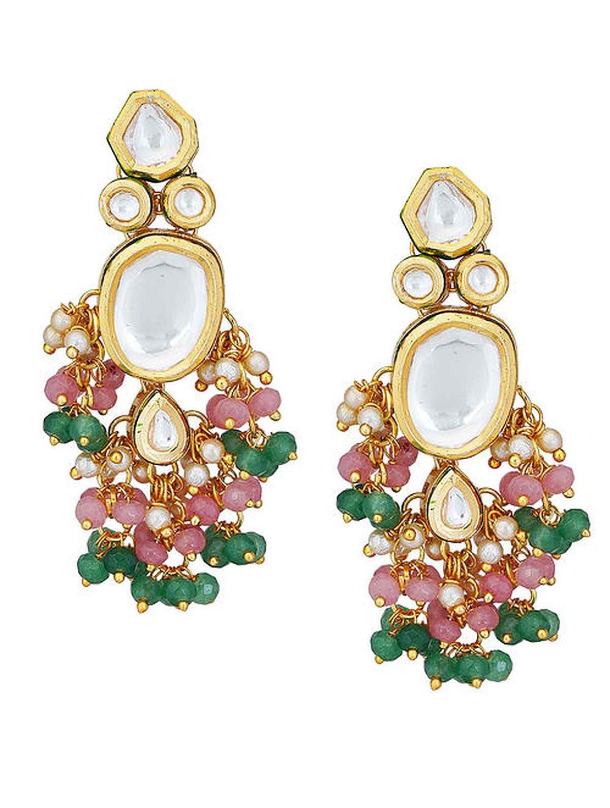 Women's Pink Green Gold Tone Kundan Necklace With Earrings - Femizen