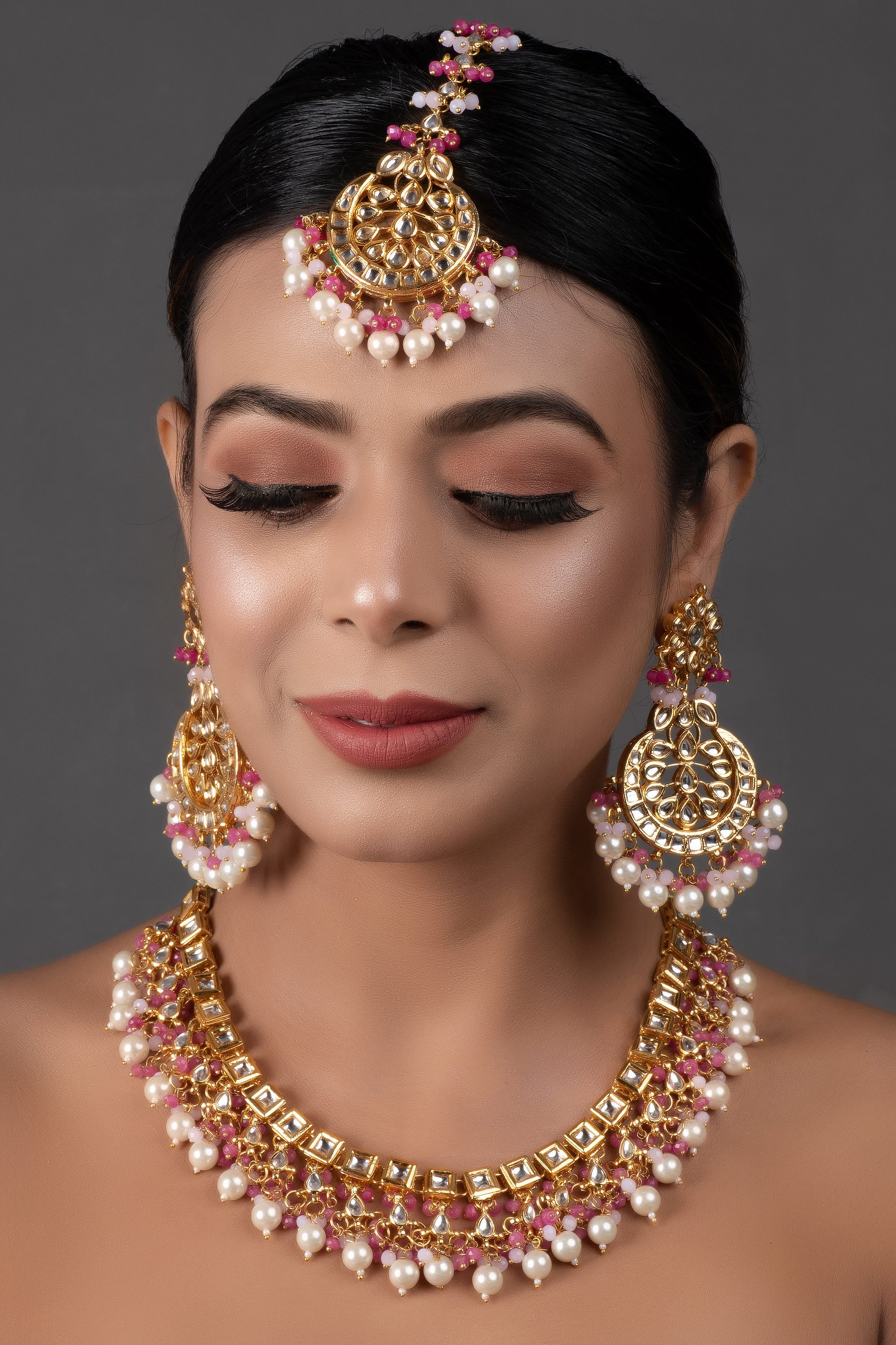 Women's Pearl & Pink Beaded  Gold Tone Kundan Inspired Necklace With Earrings And Maang Tikka - Femizen