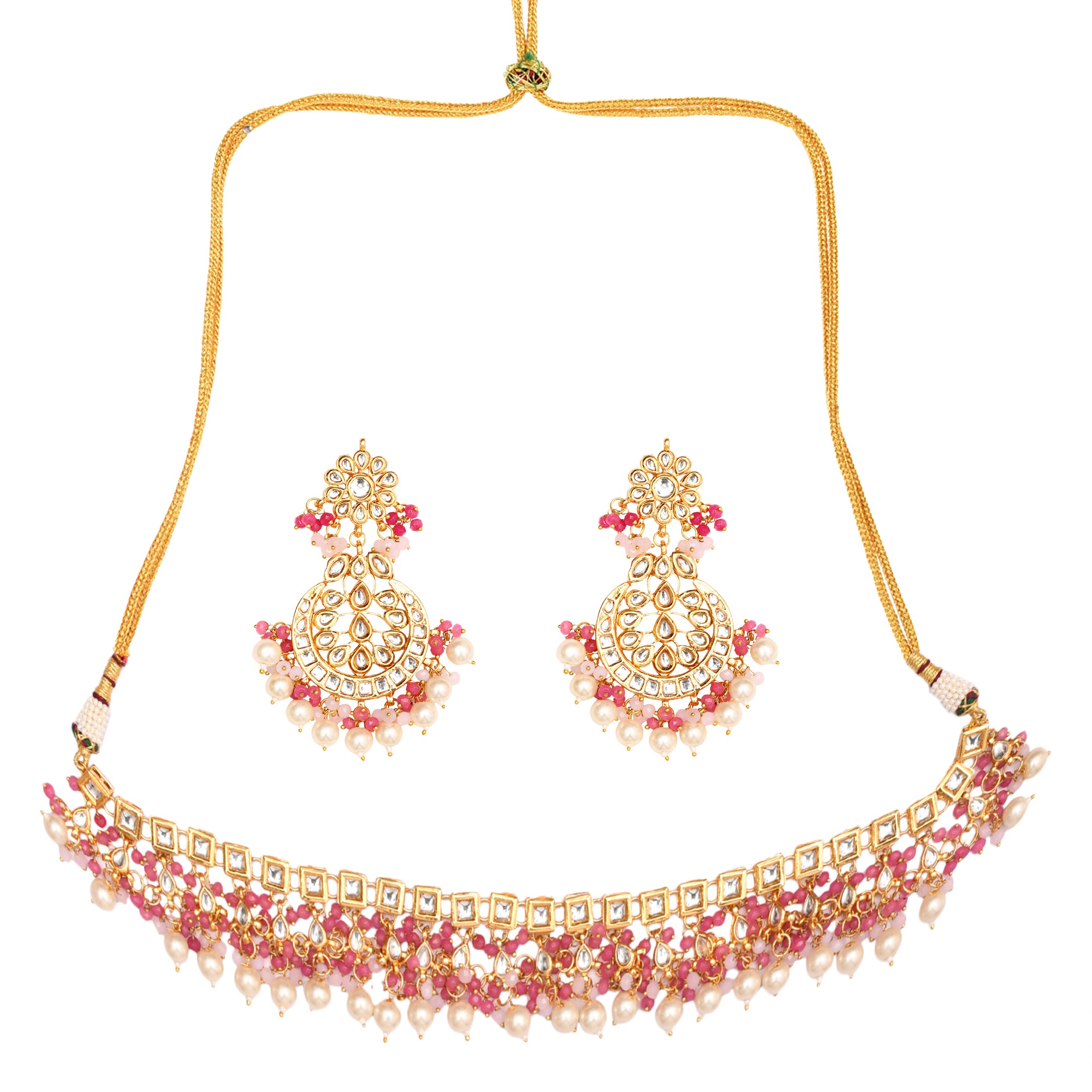 Women's Pearl & Pink Beaded  Gold Tone Kundan Inspired Necklace With Earrings And Maang Tikka - Femizen