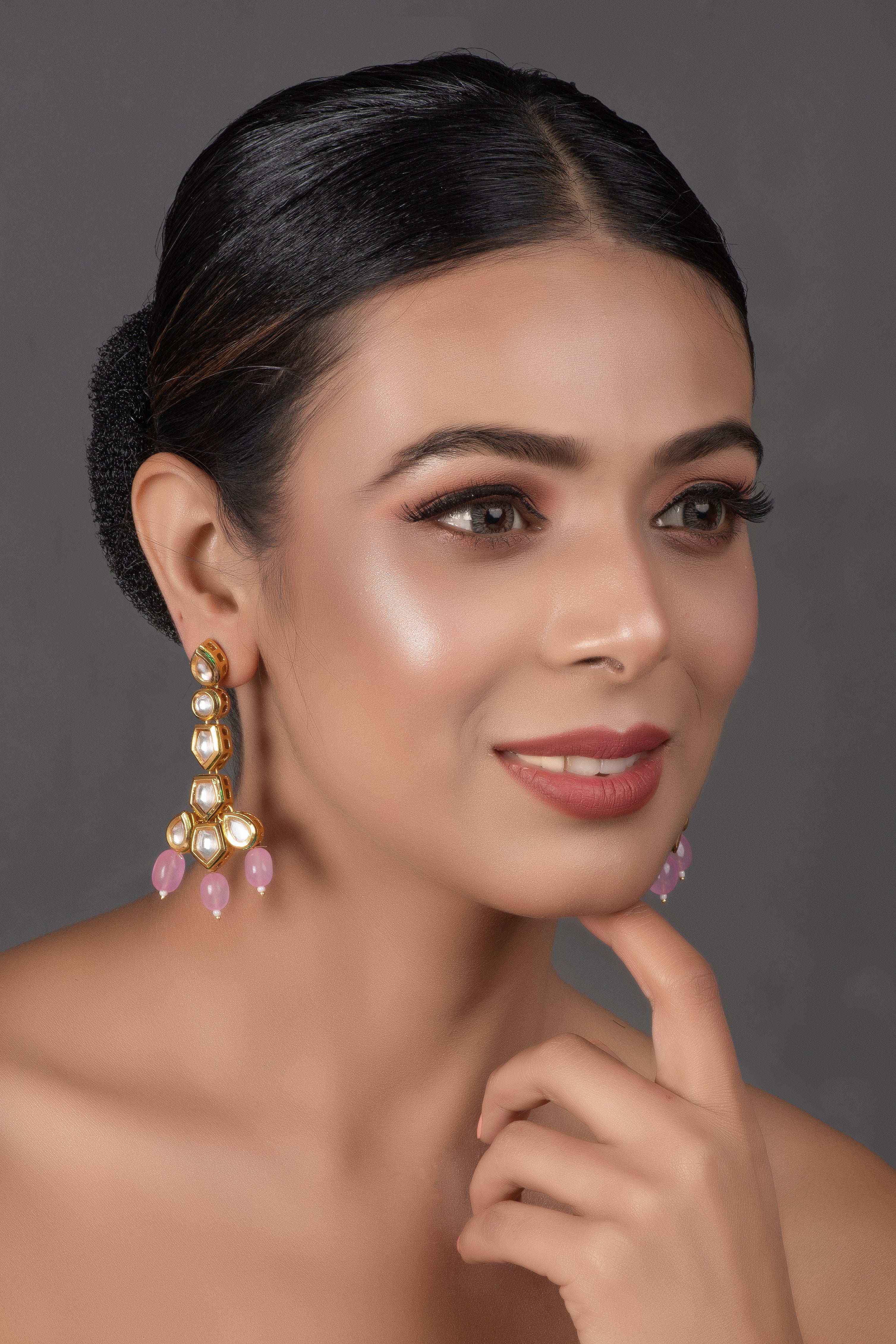 Women's  Pink Gold tone Handcrafted Kundan Earrings - Femizen