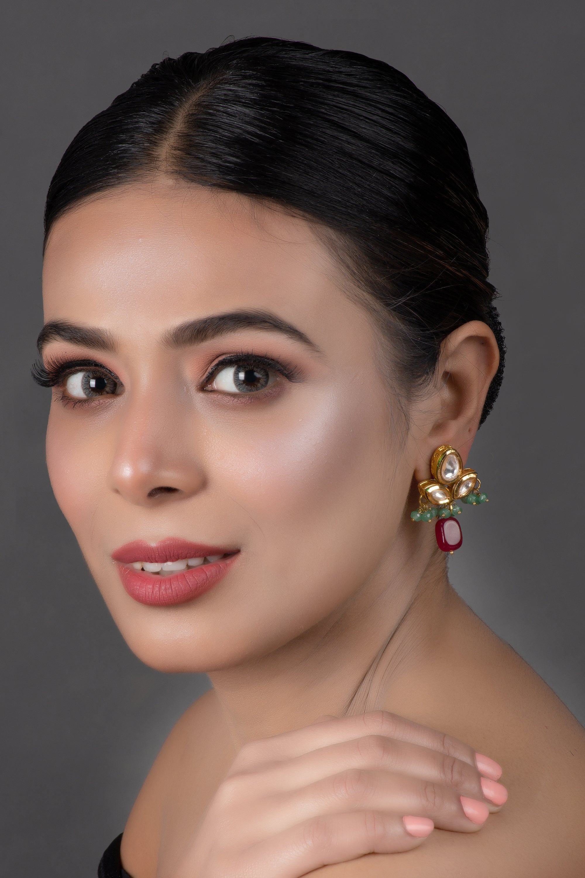 Women's  Green Ruby  beaded Kundan inspired earrings - Femizen