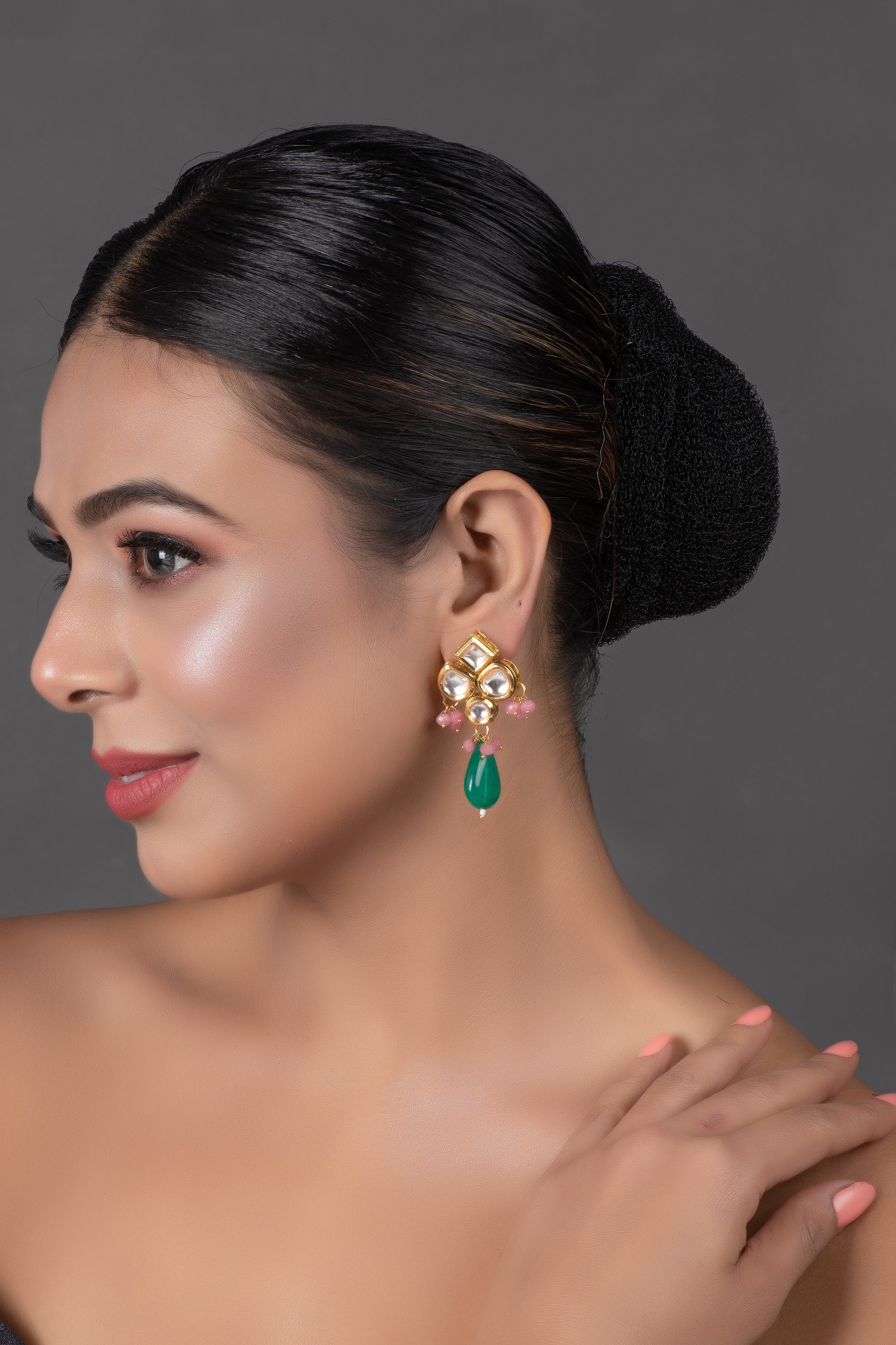 Women's  Green Pink  beaded Kundan inspired earrings - Femizen