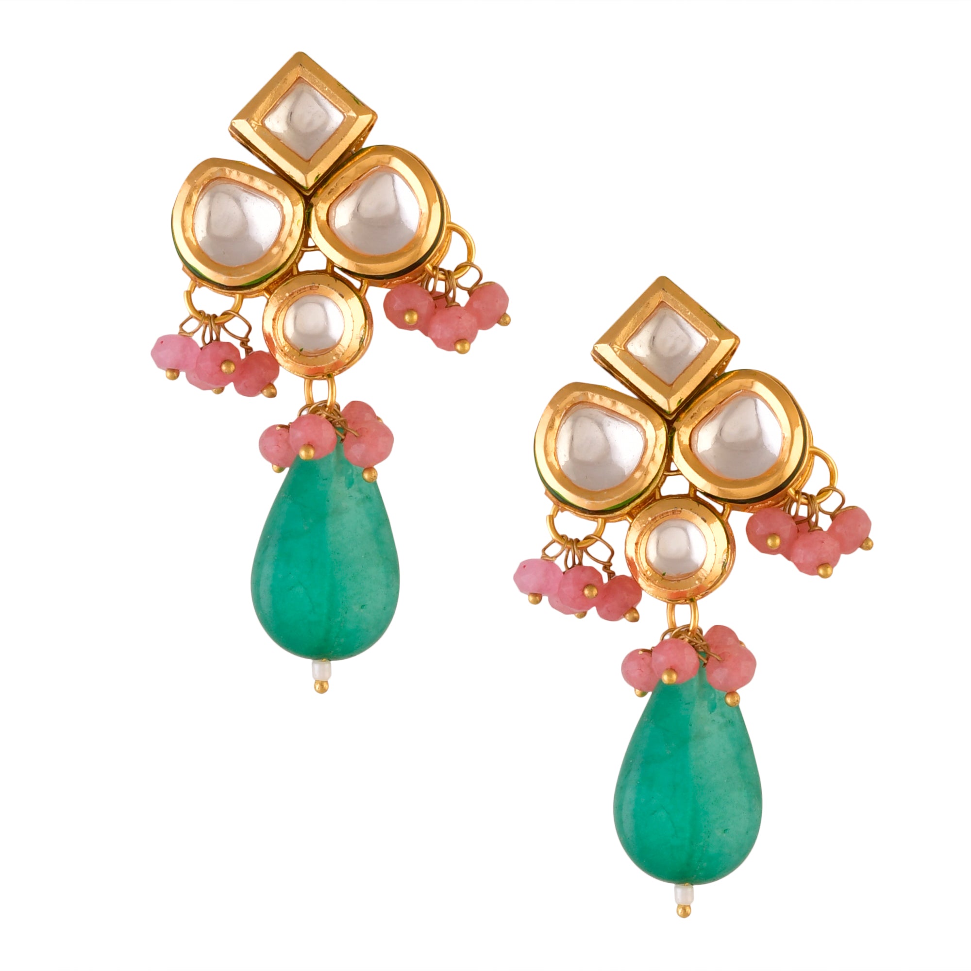 Women's  Green Pink  beaded Kundan inspired earrings - Femizen