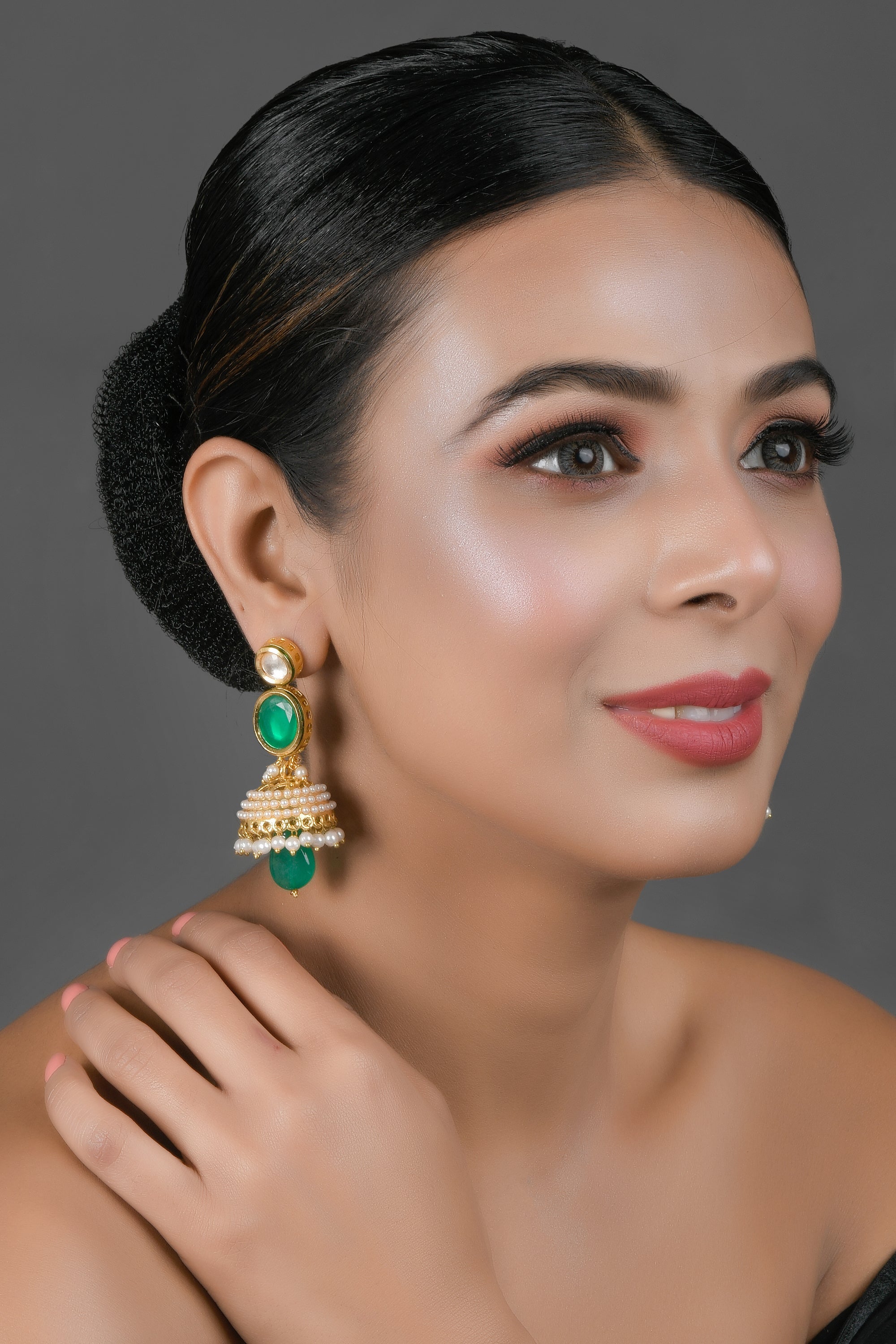 Women's  Green Gold toned Pearl beaded Kundan Jhumki - Femizen