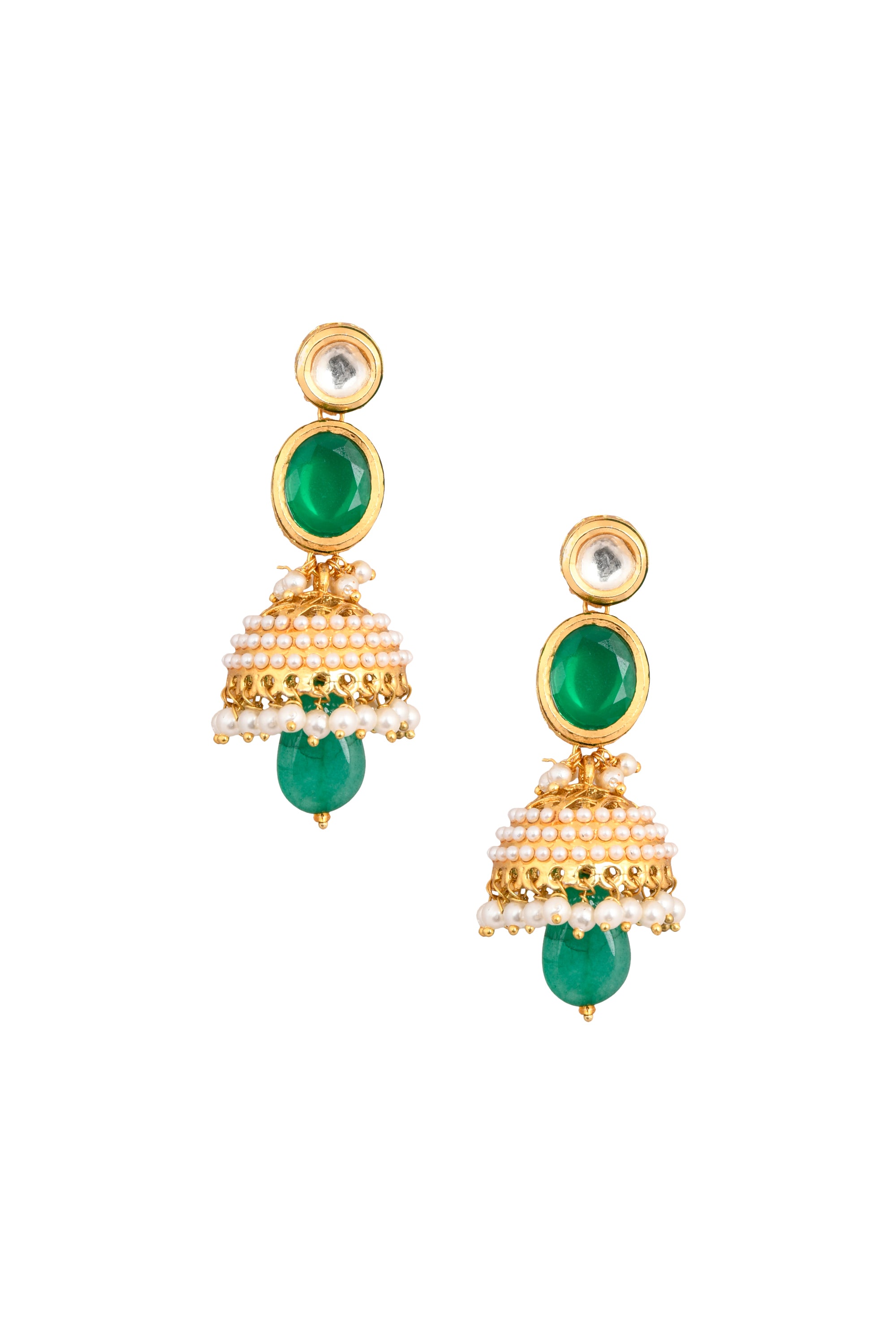 Women's  Green Gold toned Pearl beaded Kundan Jhumki - Femizen