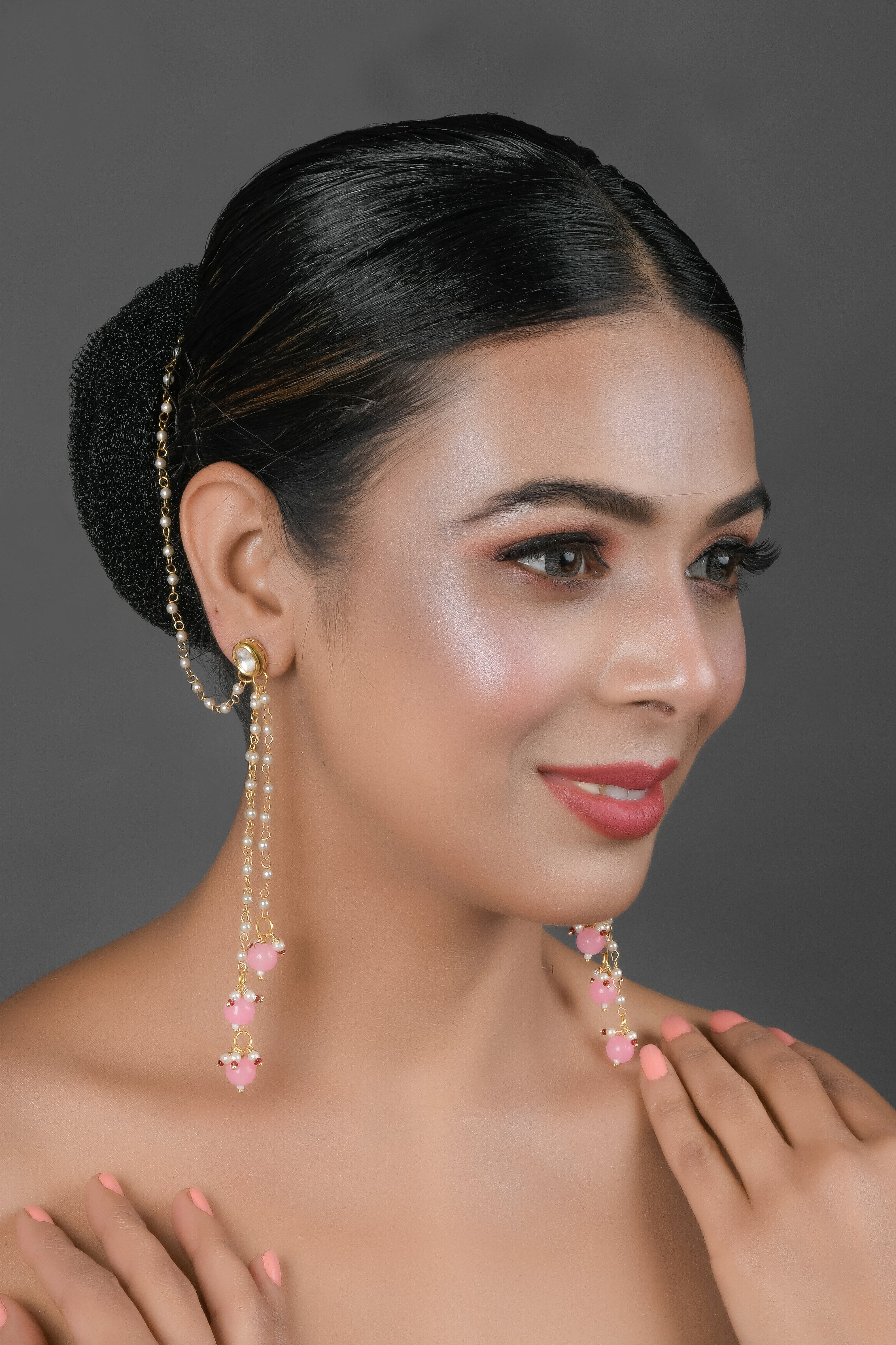 Women's  Gold Tone Kundan Inspired Pearl Tassel Earrings with Hair Chain - Femizen