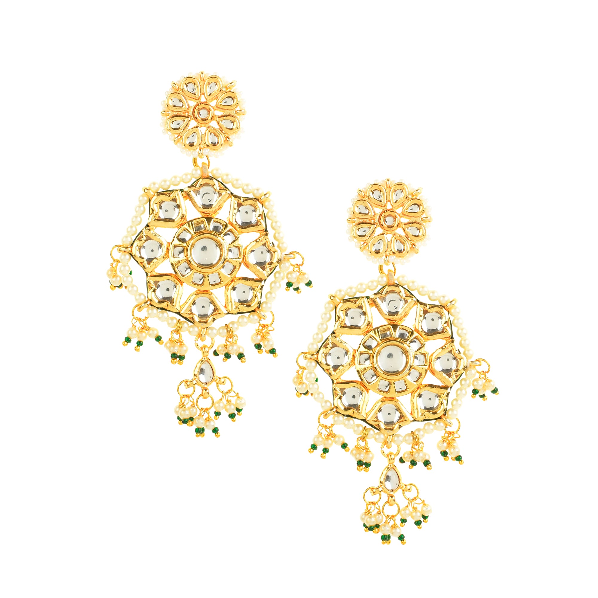 Women's  Gold-Toned Kundan Circular Drop Earrings - Femizen