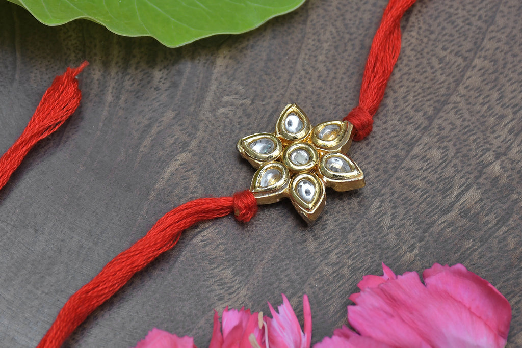 Kundan Floral Red Gold Tone Kundan Rakhi