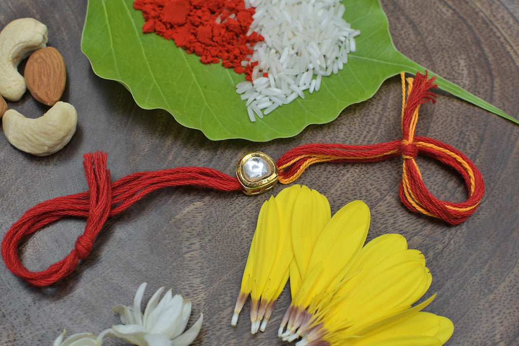 Red Yellow Gold Tone Kundan Rakhi