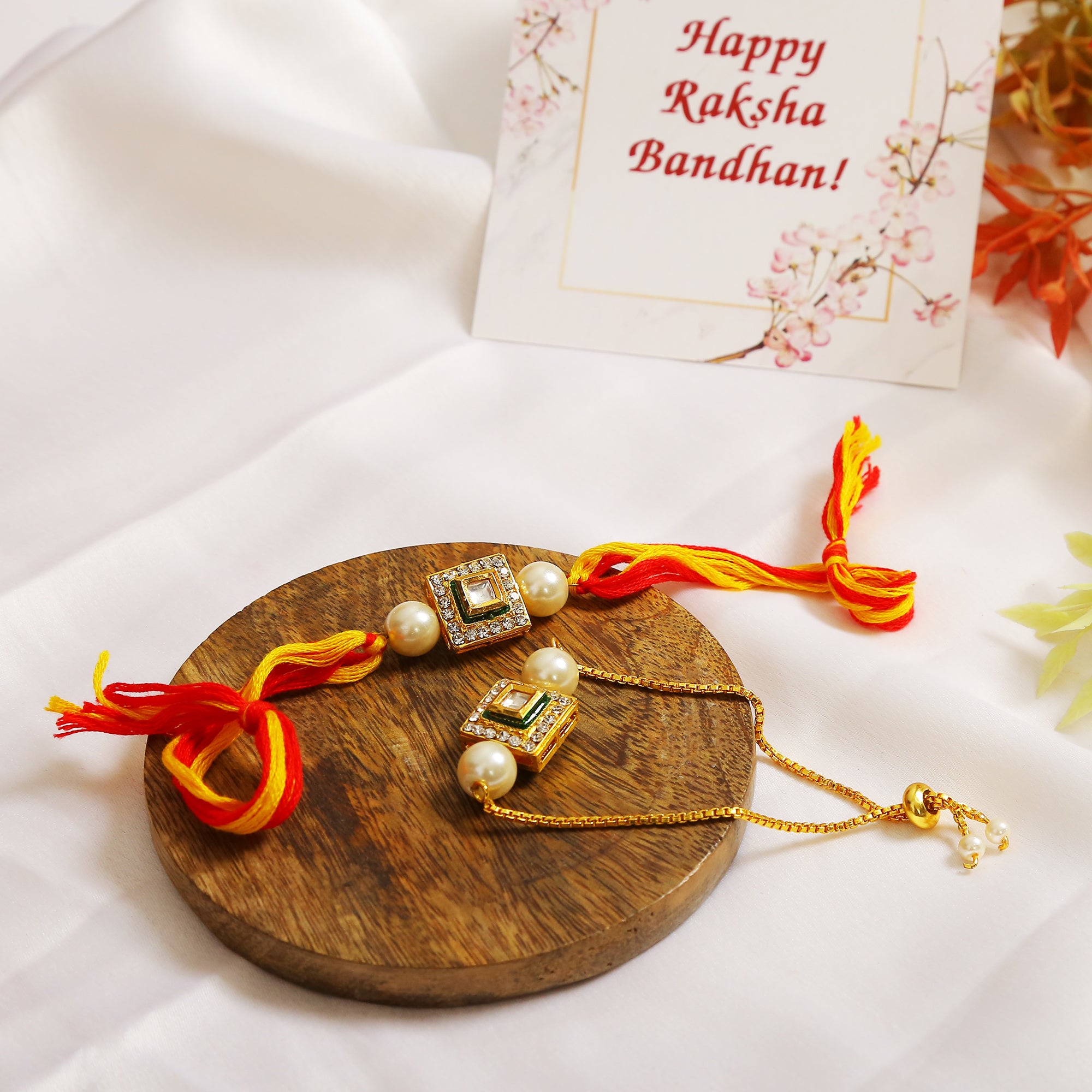 Handcrafted Studded Kundan Rakhi & Lumba Set- Set Of 2