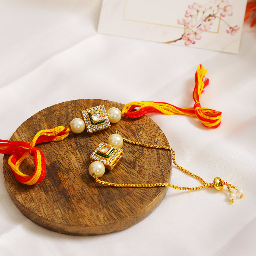 Handcrafted Studded Kundan Rakhi & Lumba Set- Set Of 2