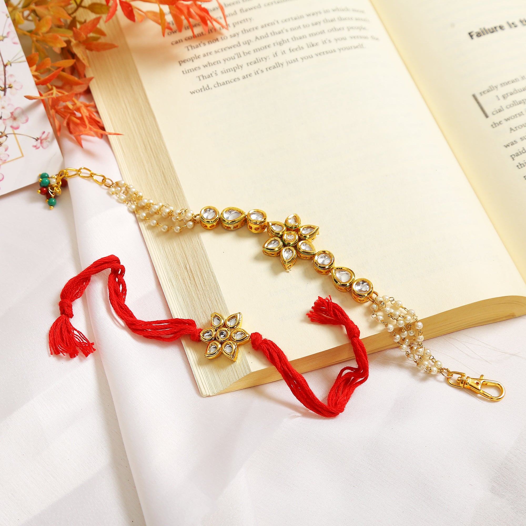 Handcrafted Floral Kundan Rakhi & Lumba Set-Set Of 2