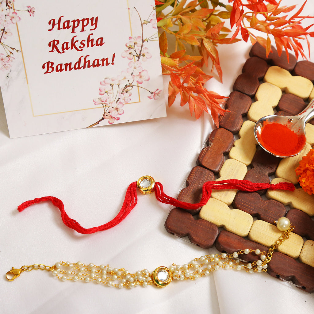 Handcrafted Floral Kundan Rakhi & Lumba Set-Set Of 2