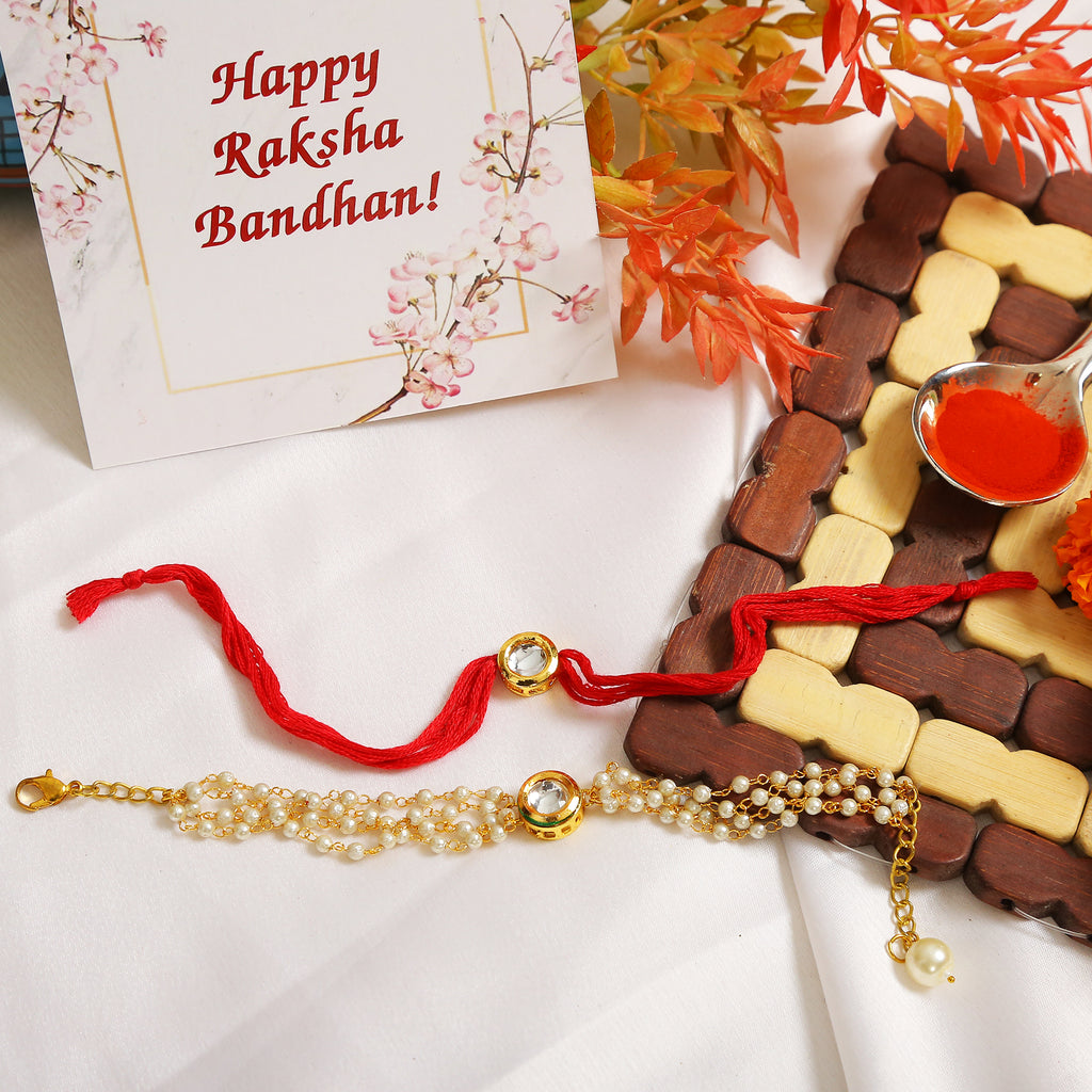 Handcrafted Floral Kundan Rakhi & Lumba Set-Set Of 2