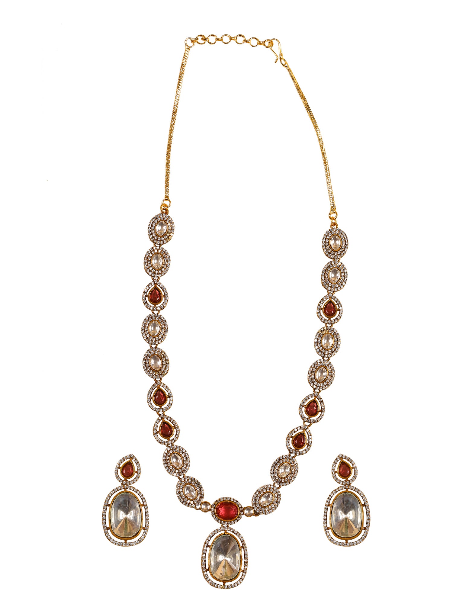 Women's Gold Plated Ruby Pink Moissanite Polki Necklace Set - Femizen