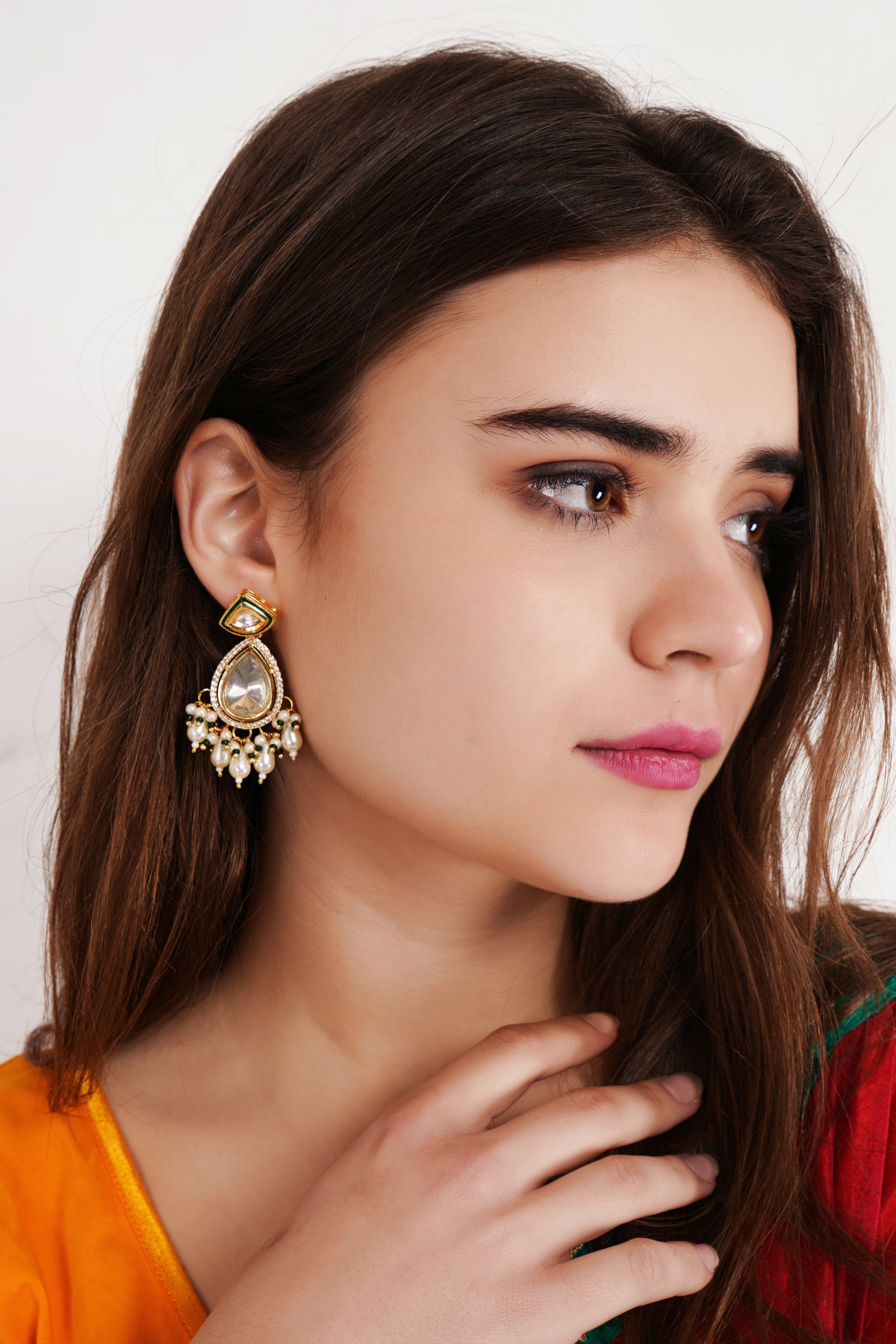 Women's Kundan Polki Drop Earrings With Pearls - Femizen