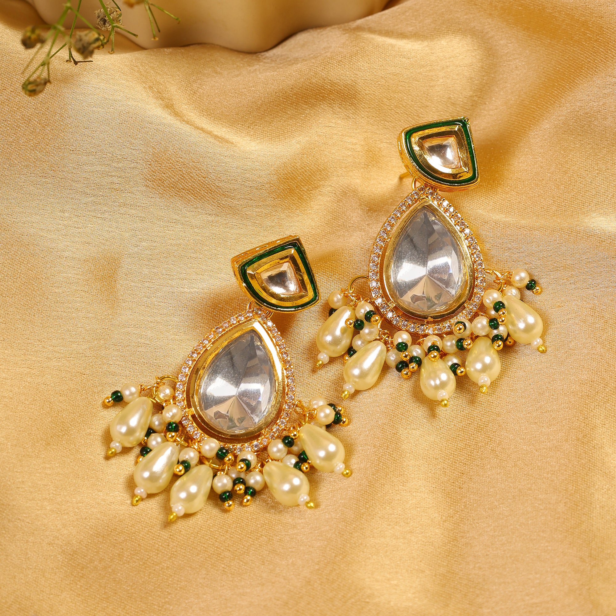 Women's Kundan Polki Drop Earrings With Pearls - Femizen