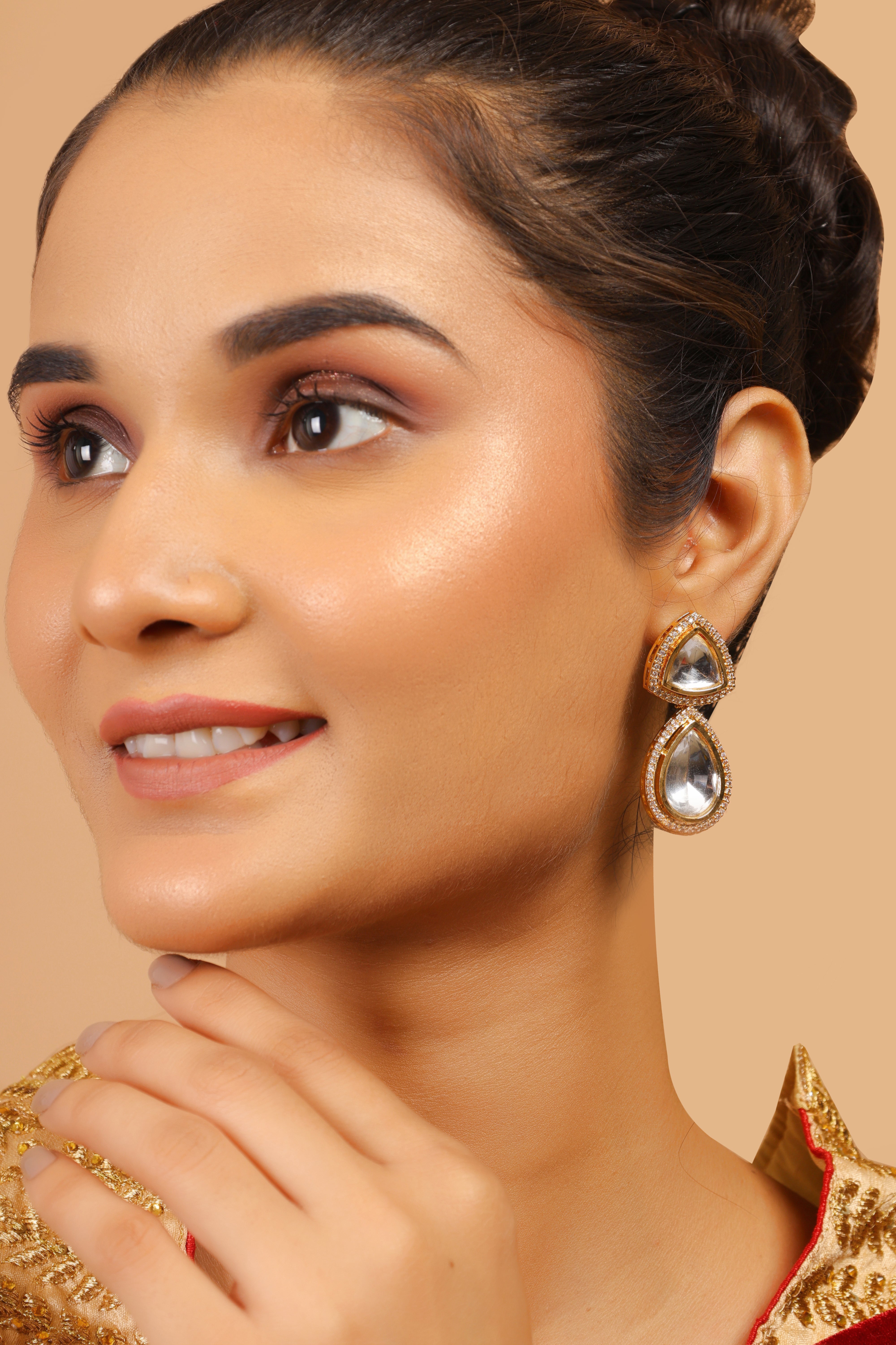 Women's Handcrafted Triangular Kundan Polki Drop Earrings - Femizen