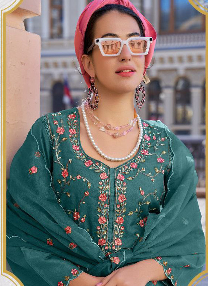 Women Green Organza Embroidered Kurta Set - Prazu Fashion