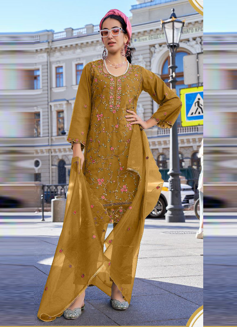 Women Mustard Organza Embroidered Kurta Set - Prazu Fashion