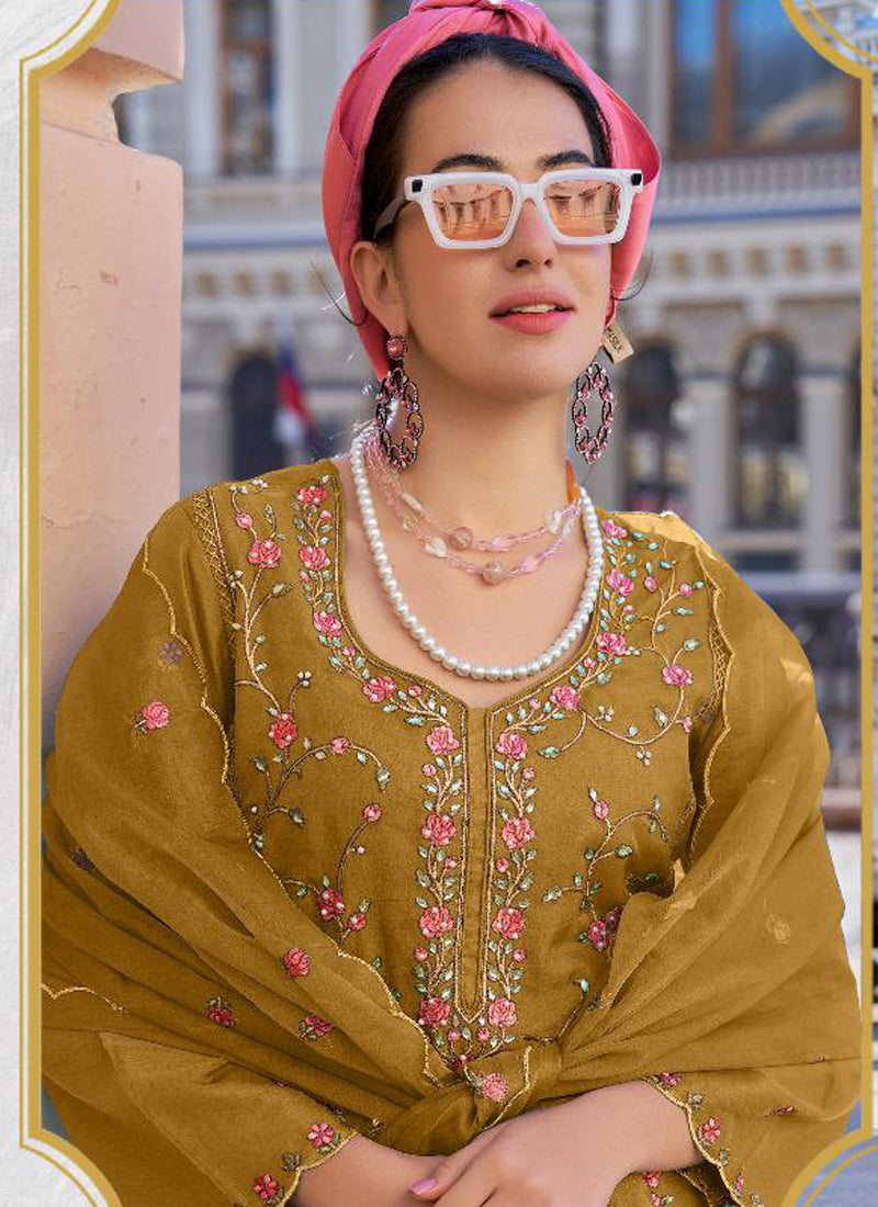 Women Mustard Organza Embroidered Kurta Set - Prazu Fashion