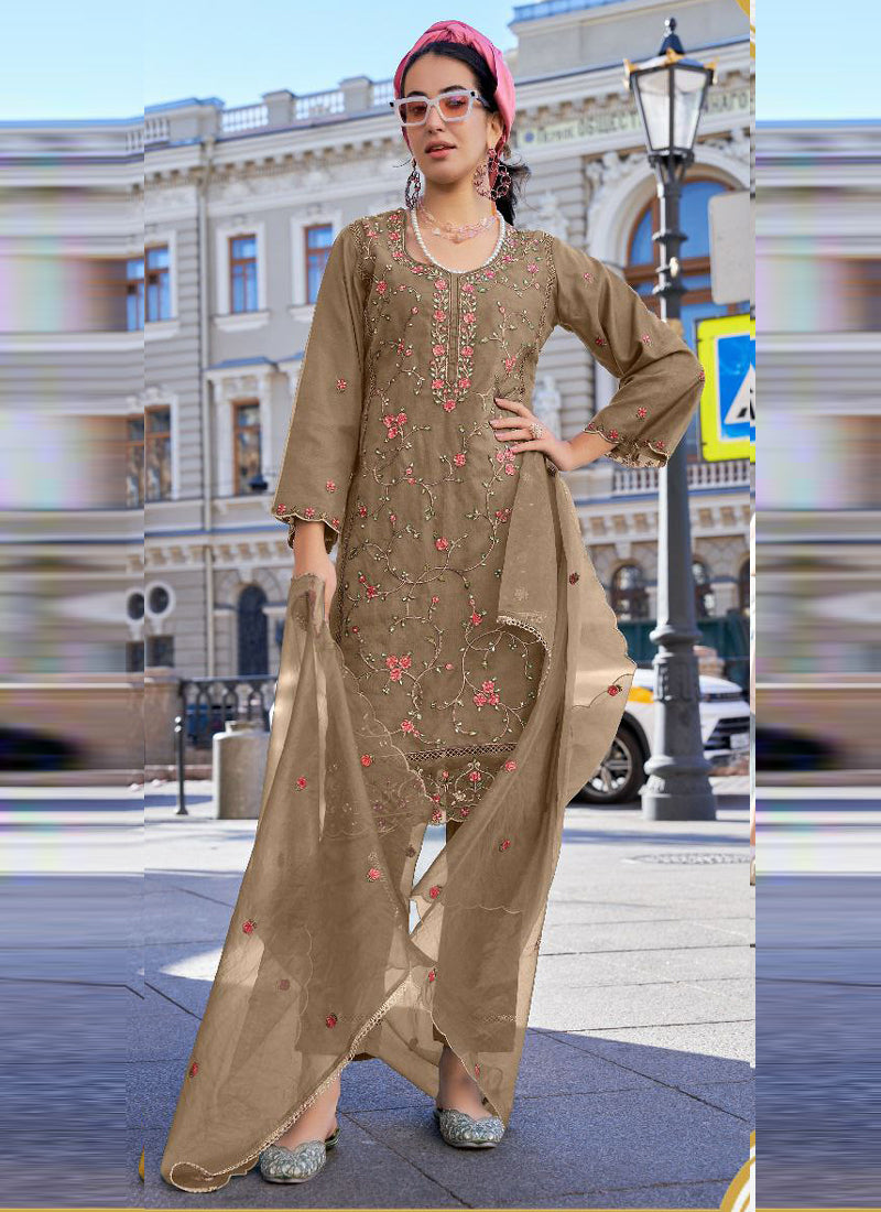 Women Cream Organza Embroidered Kurta Set - Prazu Fashion