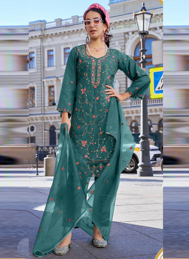 Women Green Organza Embroidered Kurta Set - Prazu Fashion