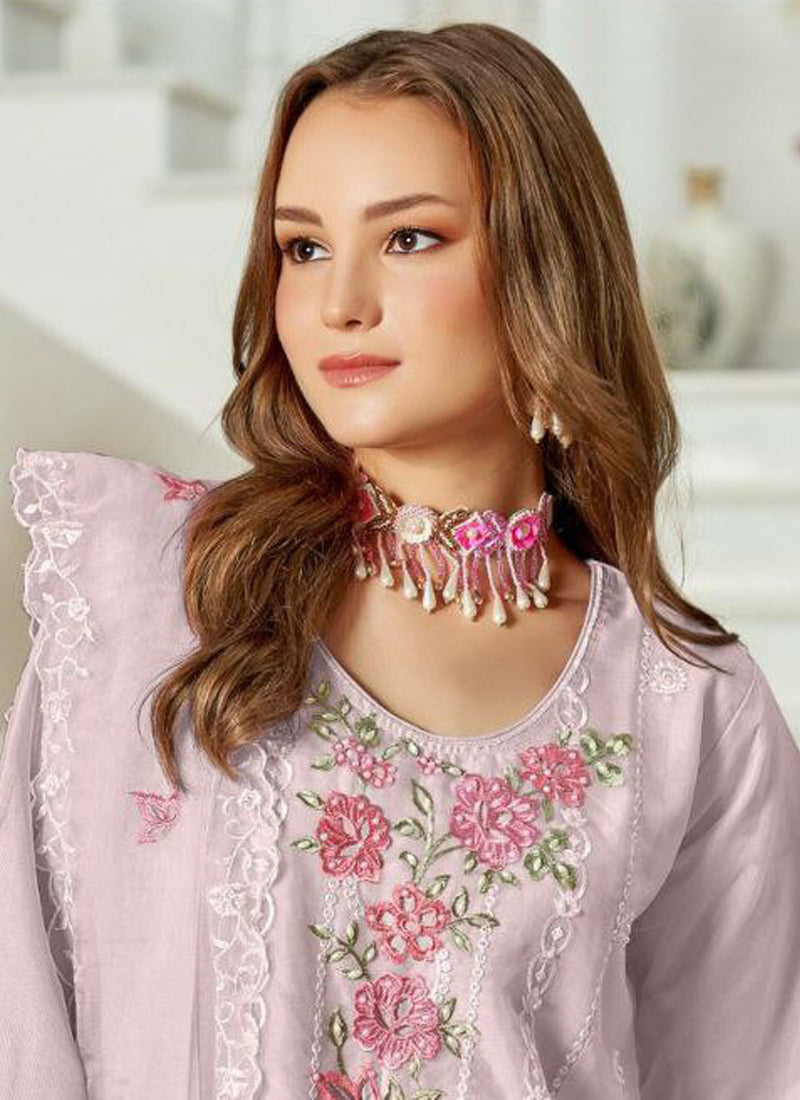 Women Pink Organza Embroidered Kurta Set - Prazu Fashion