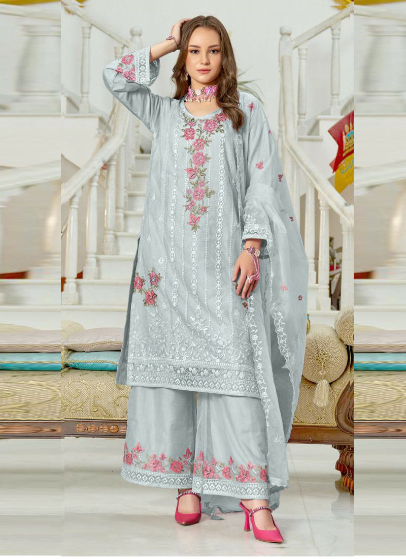 Women Blue Organza Embroidered Kurta Set - Prazu Fashion