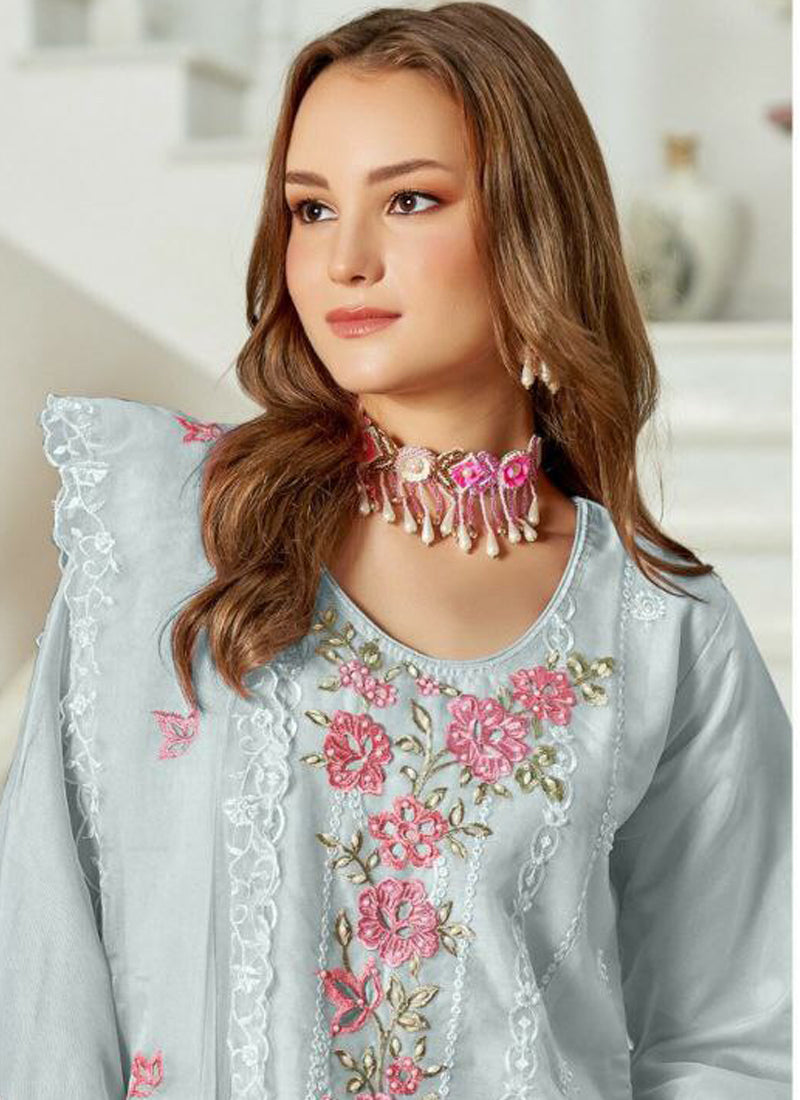 Women Blue Organza Embroidered Kurta Set - Prazu Fashion